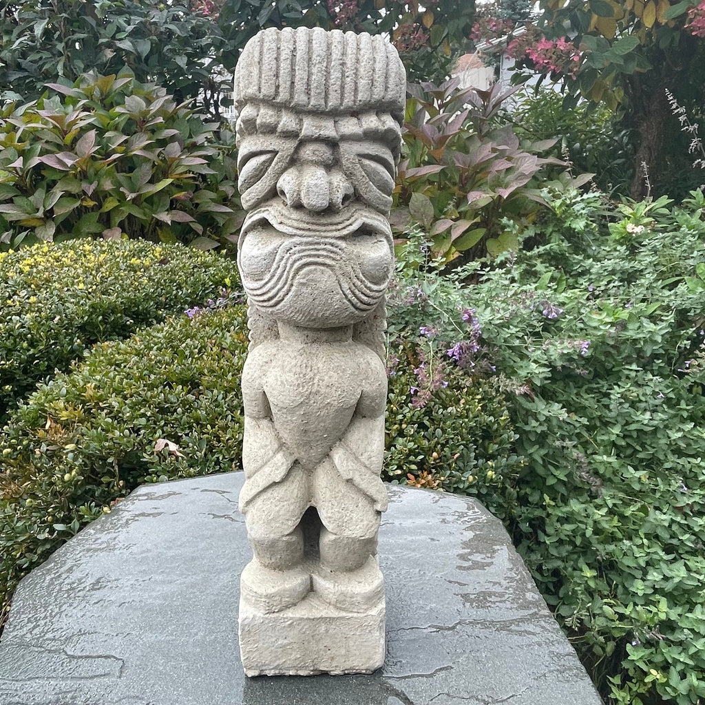 Tiki Garden Statue 15.5" Carved Concrete Polynesian Totem Pole Patio Bar Decor Yard Art Lawn Ornament Sculpture