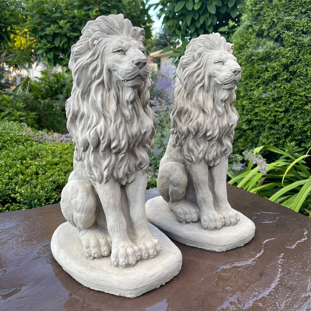 Concrete Lion Statues 16.5 Inch Garden Guardians Matched Pair Cement Sculptures Yard Decor Outdoor Ornaments