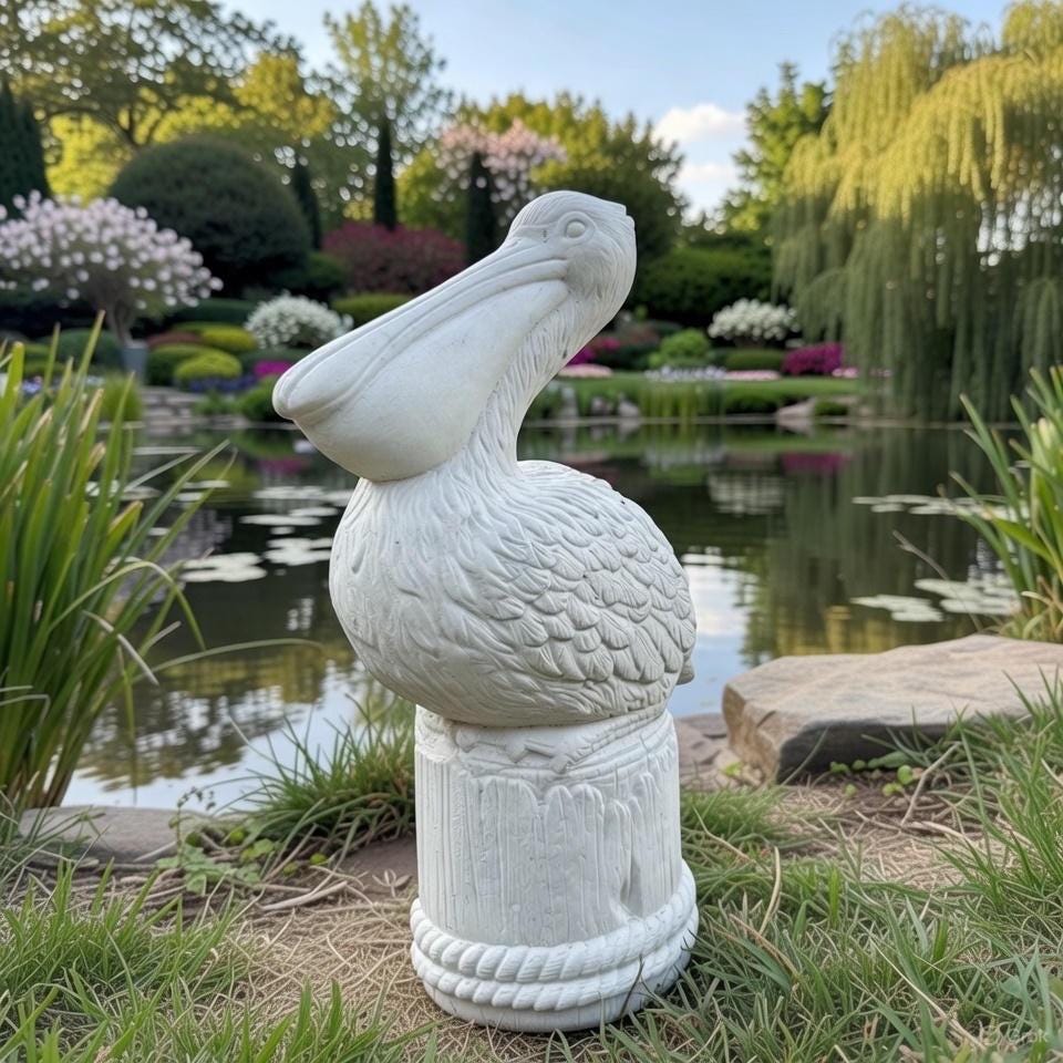 Small Concrete Pelican Garden Statue 13.5" Miniature Bird Sculpture Patio Planter Decor