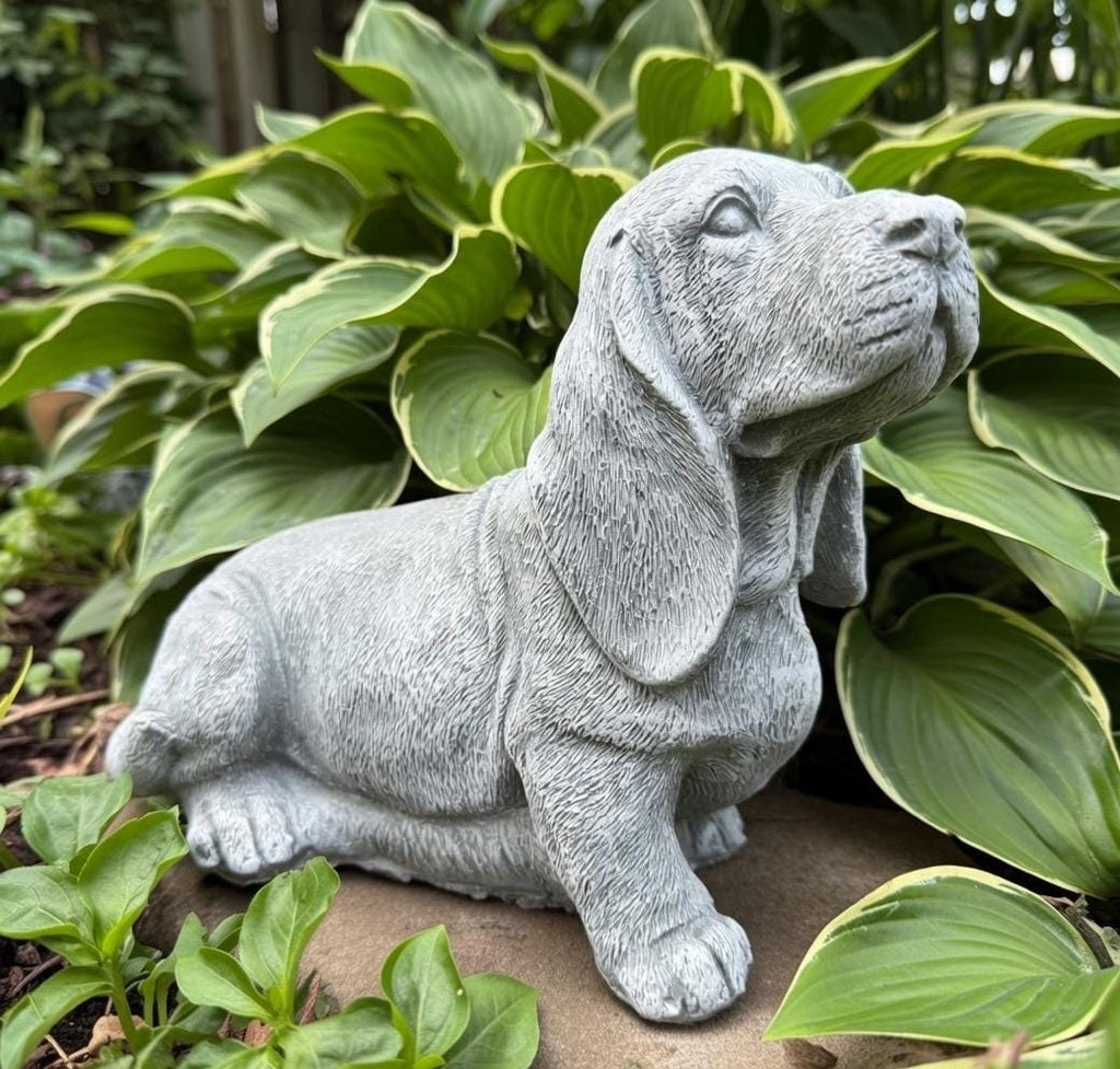 Concrete Basset Hound Memorial Garden Statue 10" Painted Outdoor Pet Remembrance Figurine for Dog Lovers Yard Decor