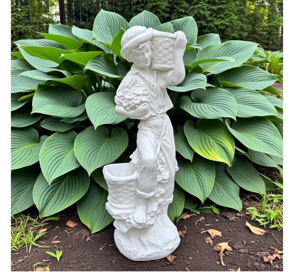 21" Italian Concrete Man Garden Statue: European Style Cement Lawn Ornament Classical Mediterranean Roman Decor