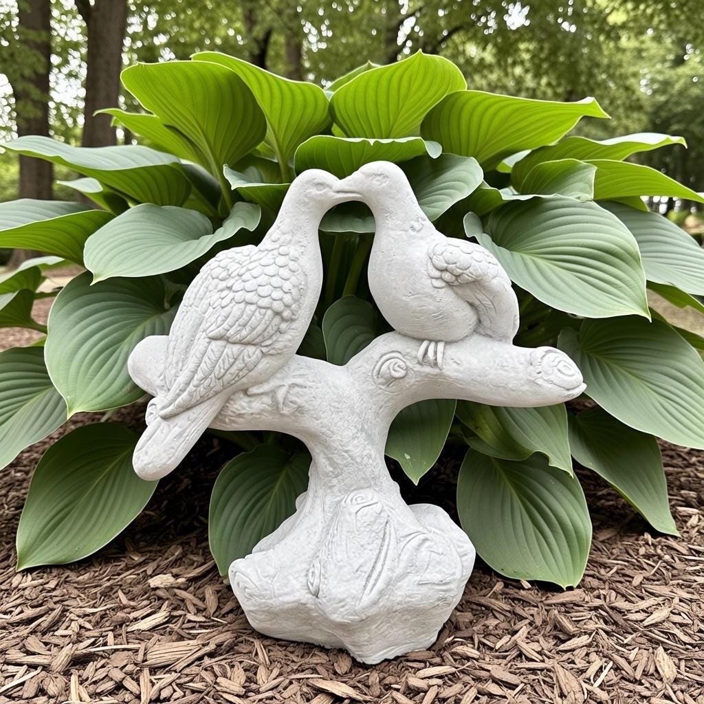 Whimsical Kissing Doves 15" Concrete Garden Statue - Painted Bird Art Outdoor Valentine's Day Gift