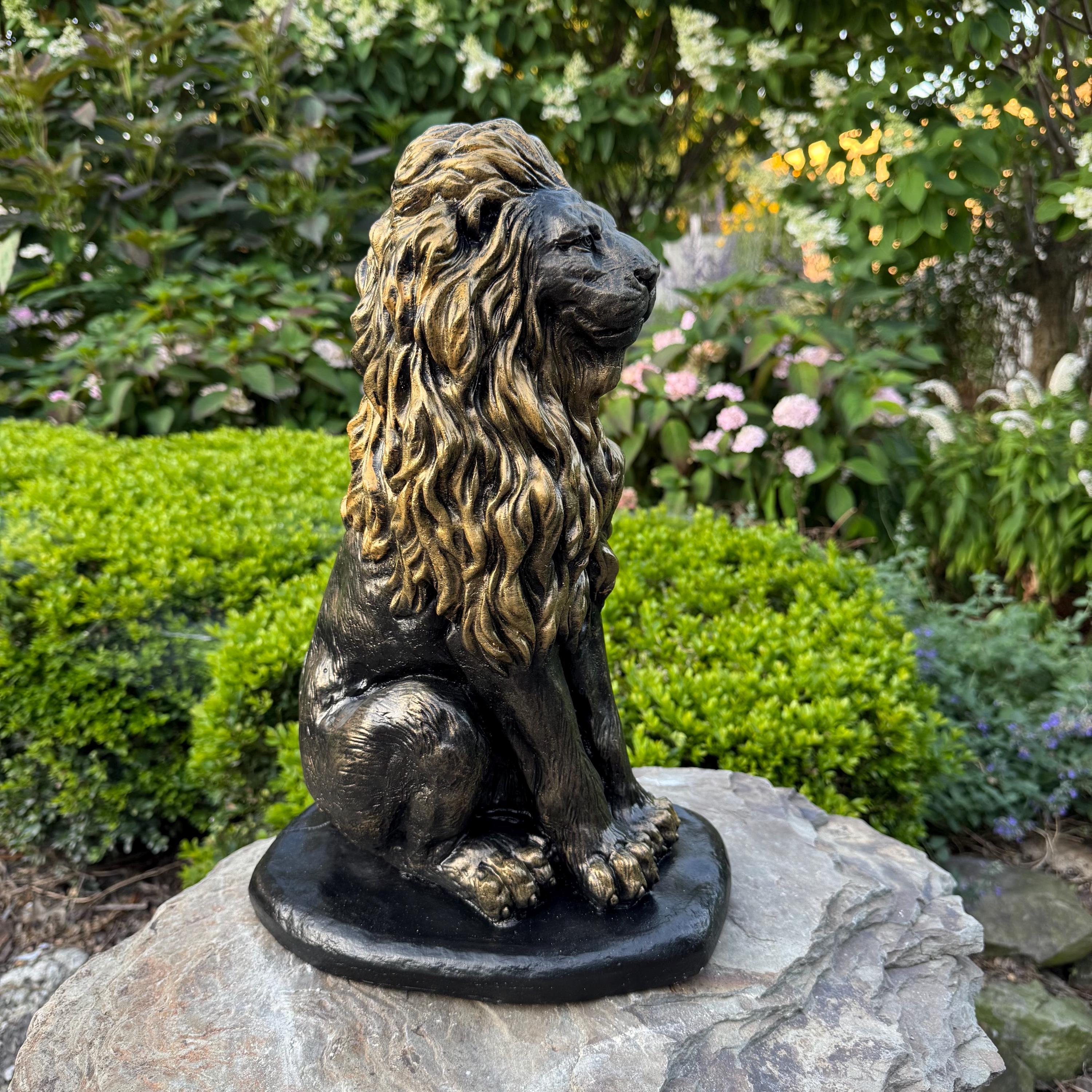 Lion Garden Statue: 16 Inch Concrete Patio Sculpture Outdoor Yard Decor Animal Art Ornament