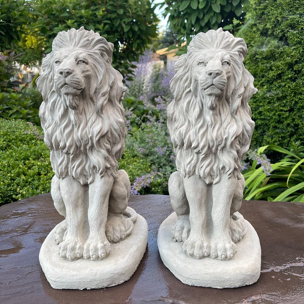 Concrete Lion Statues 16.5 Inch Garden Guardians Matched Pair Cement Sculptures Yard Decor Outdoor Ornaments