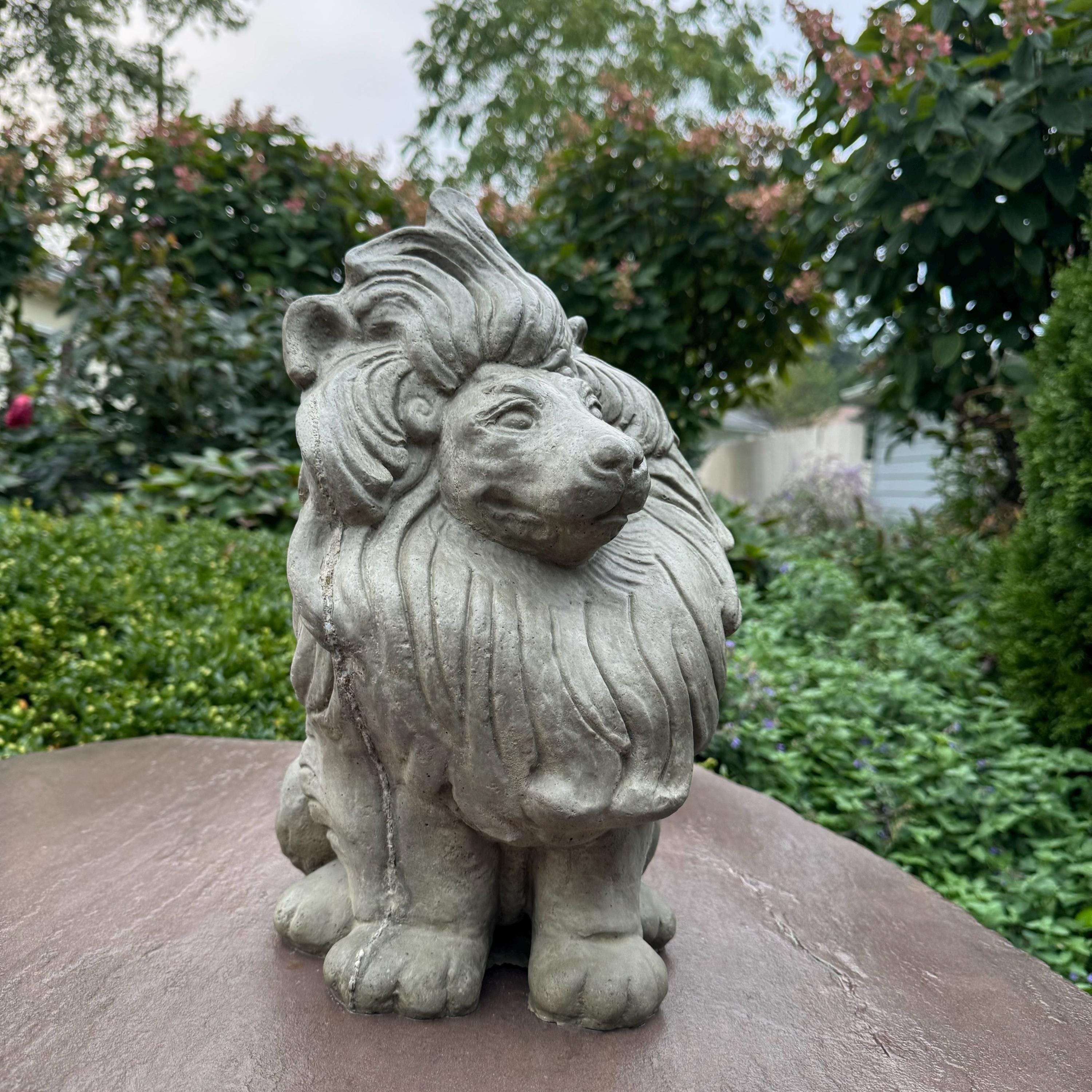 Sitting Concrete Lion Statue 16 Inch Garden Sculpture Outdoor Decor Lawn Ornament Animal Figure Yard Art