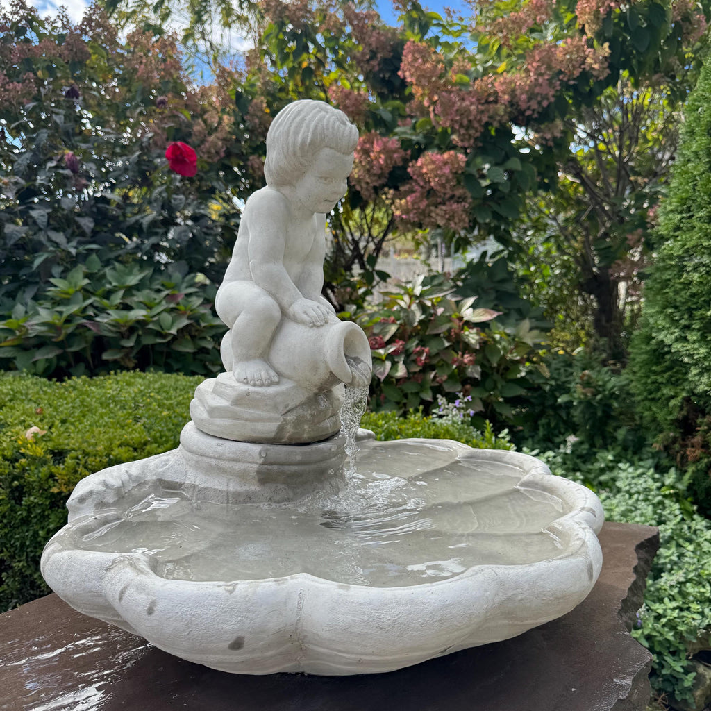 23" Concrete Shell Bowl Fountain Boy Jar Statue Outdoor Garden Water Feature