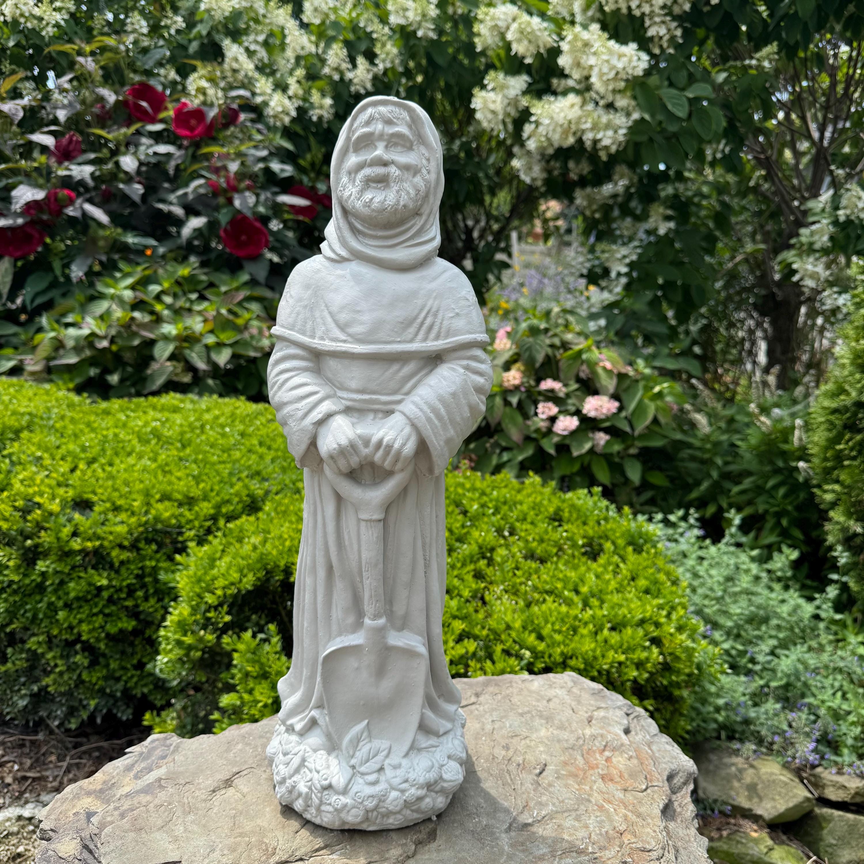 Saint Fiacre 22" Concrete Garden Statue - Patron of Gardeners Religious Catholic Sculpture Yard Art Gift