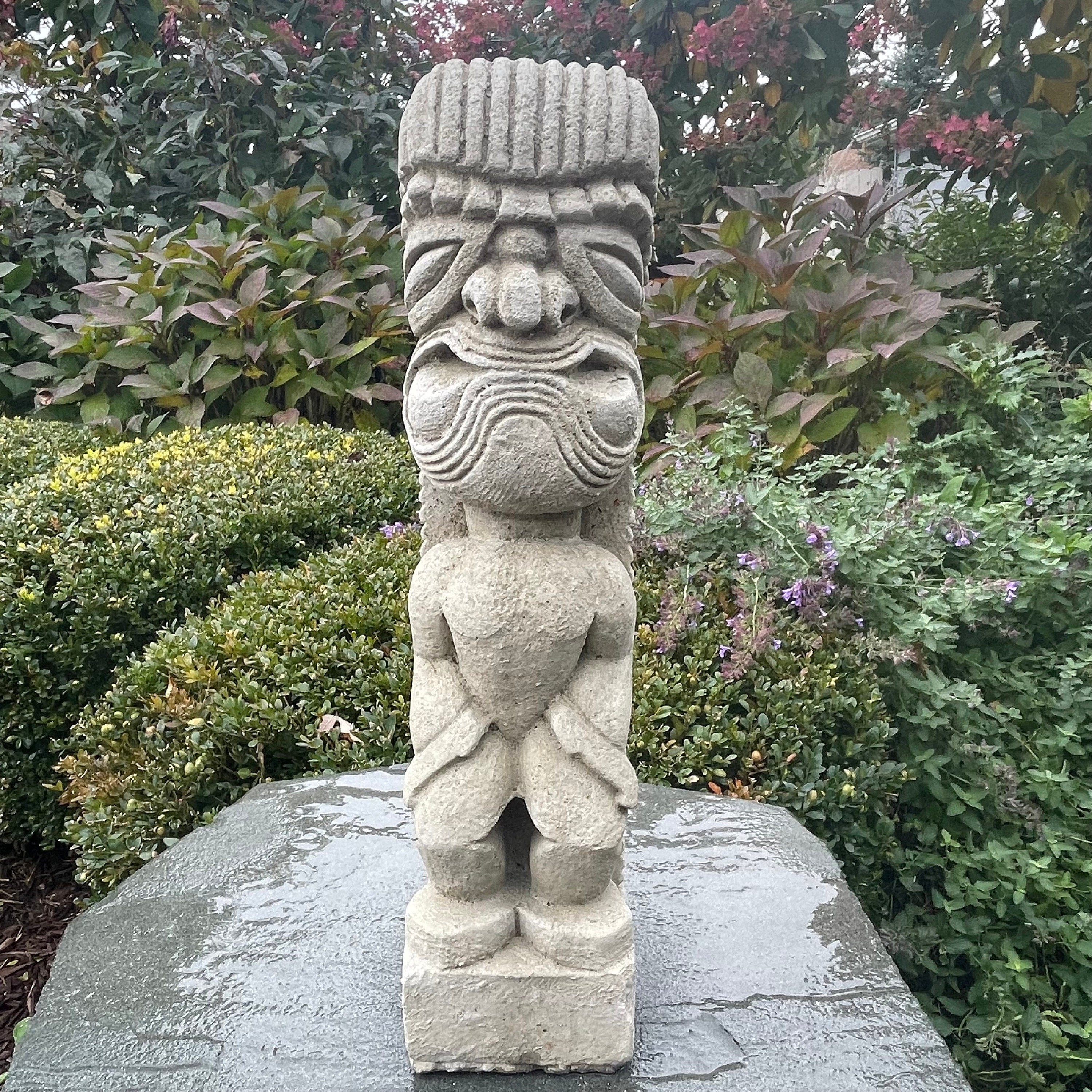 Tiki Tim Garden Statue: 15.5" Cast Stone Polynesian Decor Sculpture for Yard Art Outdoor Ornament