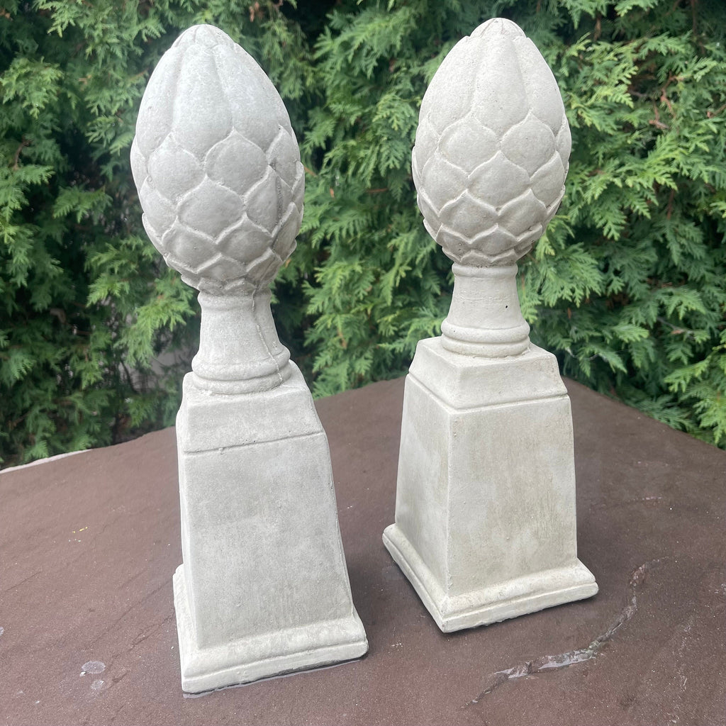 Artichoke Finial Statues Set of 2: 14" Concrete Garden Sculptures for Yard Decor & Landscaping