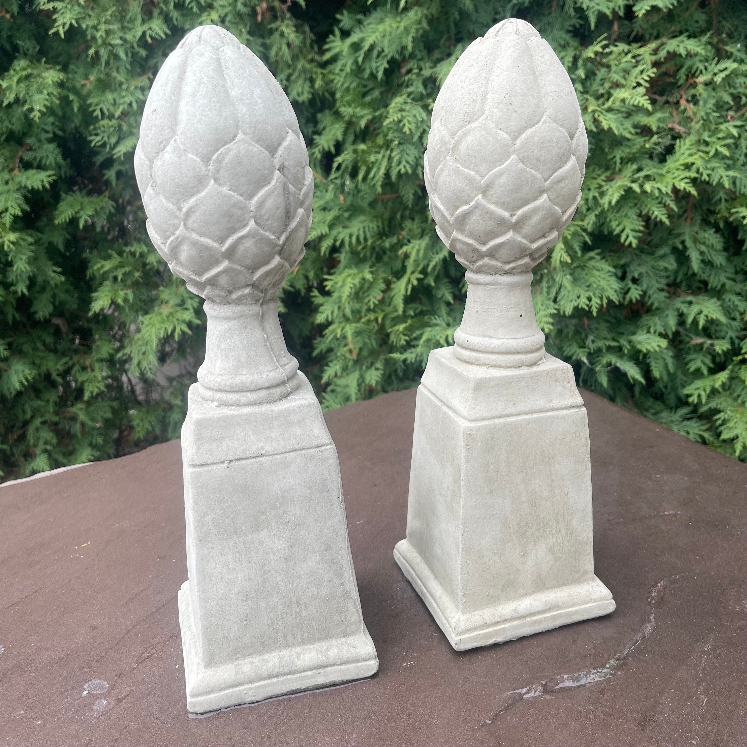Artichoke Finial Statues Set of 2: 14" Concrete Garden Sculptures for Yard Decor & Landscaping