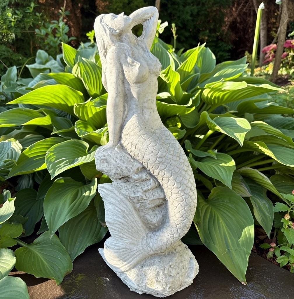 15 inch Concrete Mermaid Sculpture: Coastal Garden Statue Decor Ocean Themed Yard Art Lawn Ornament Gift
