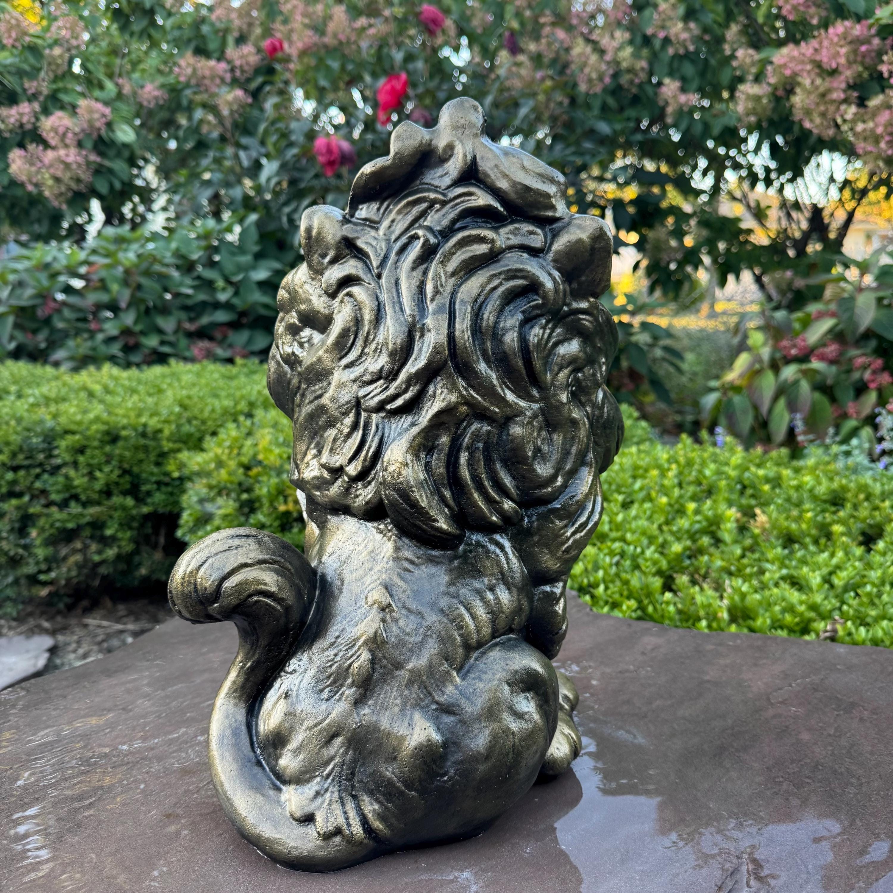 Guardian Lion Gift: 16" Concrete Garden Statue for Outdoor Feng Shui Protection & Yard Decor