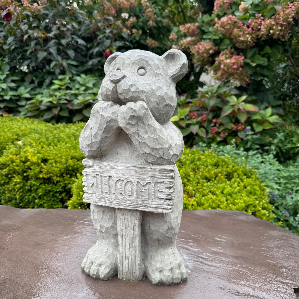 Concrete Bear Garden Statue with Welcome Sign - 17" Outdoor Decor