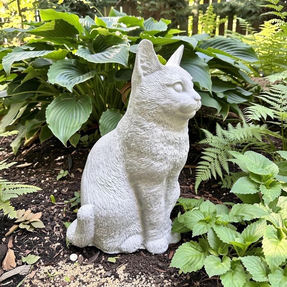 Cat Cement Statue 12" Concrete Cat Sculpture For Garden