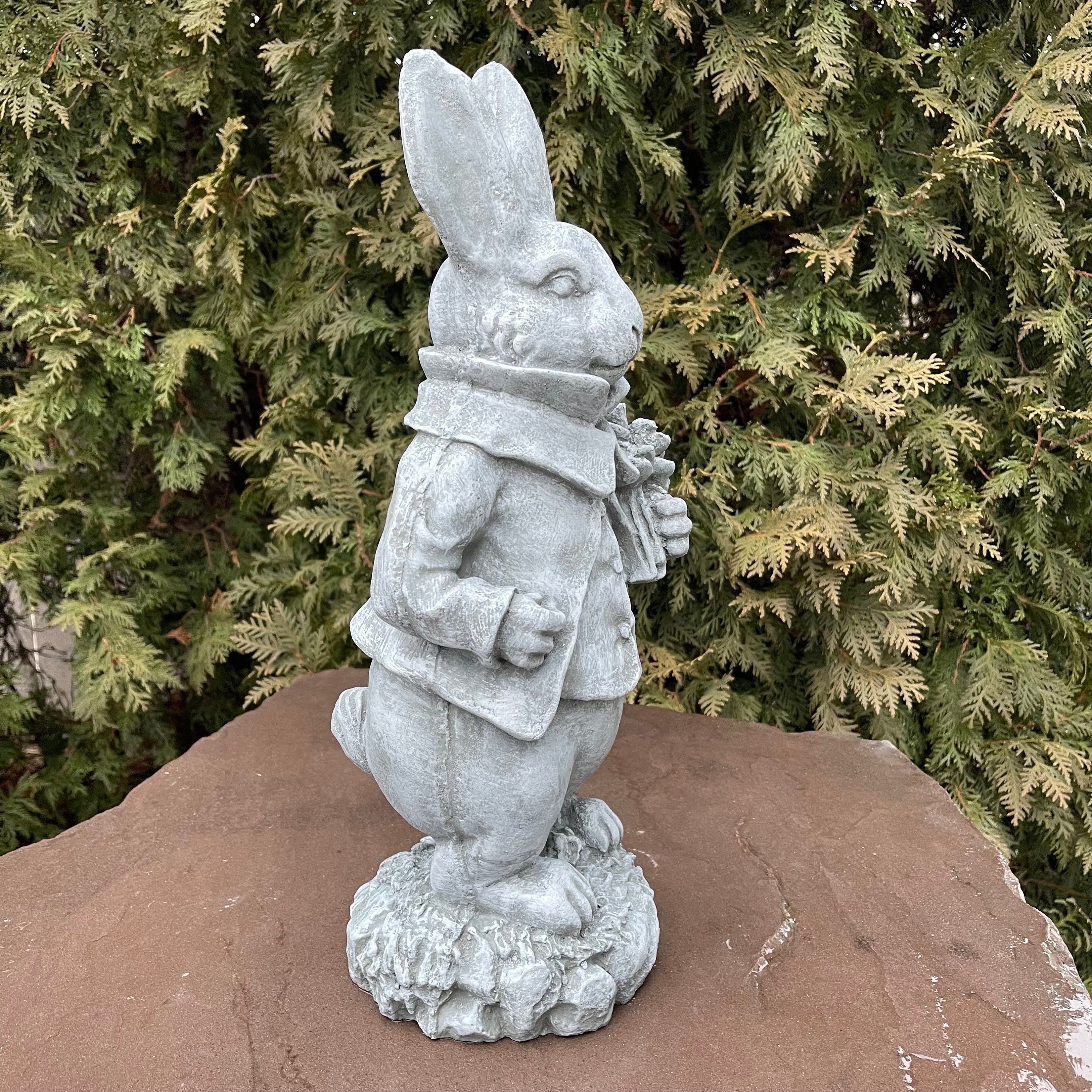 Large Concrete Rabbit Statue 16 Inch Modern Garden Bunny Sculpture with Flowers Yard Art Lawn Ornament