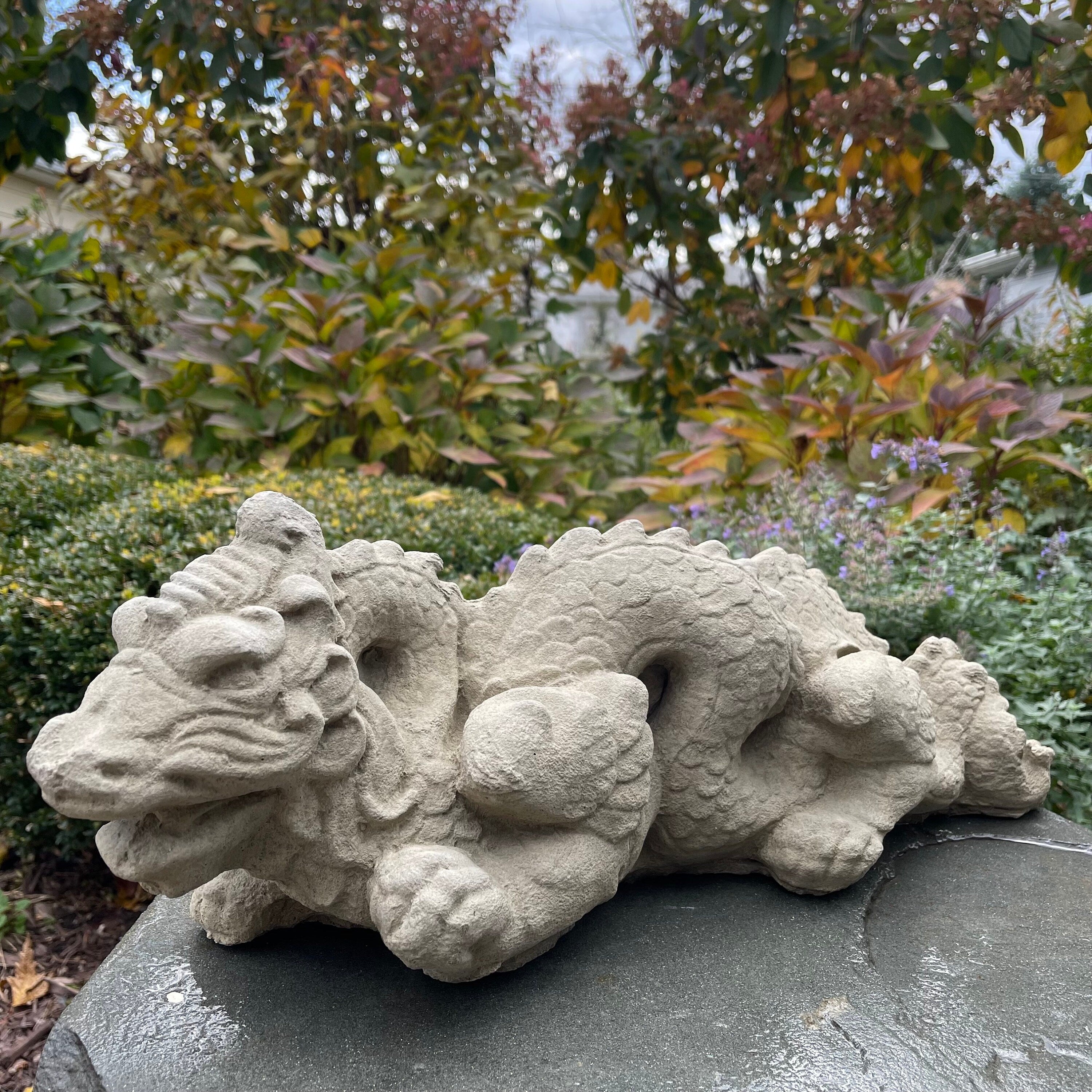 Handmade Concrete Dragon Garden Statue 23 Inch Asian Outdoor Yard Sculpture Zen Lawn Ornament Gift