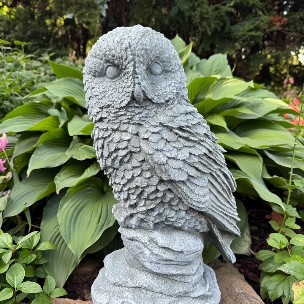 Large Concrete Owl Garden Statue 16 Inch Rustic Outdoor Yard Sculpture Animal Lawn Ornament