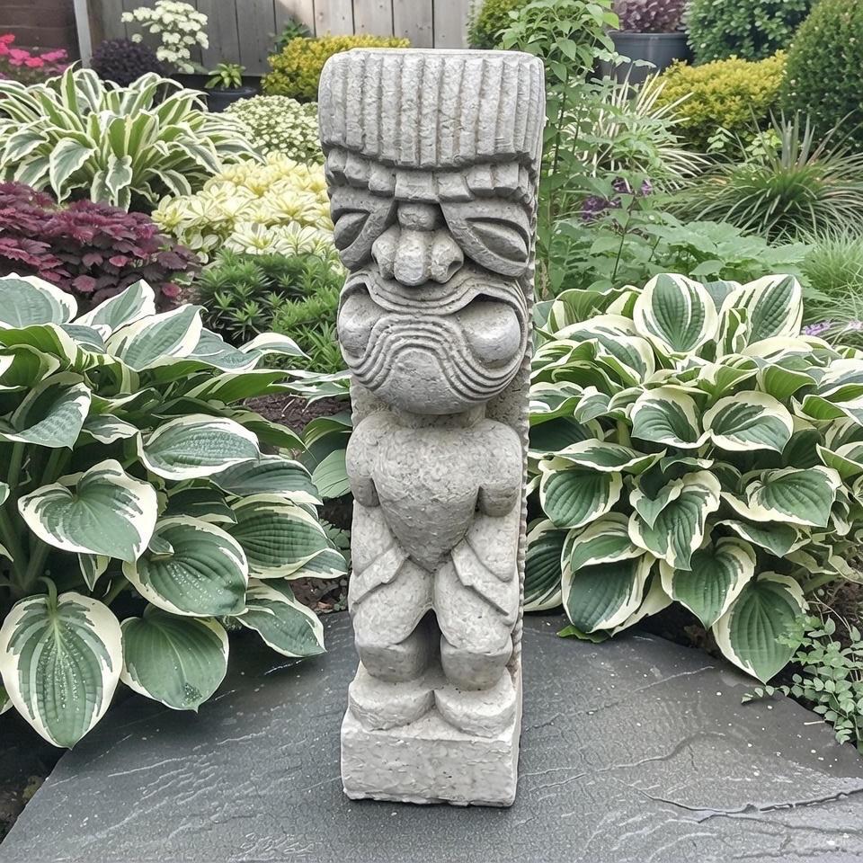 Tiki Garden Statue 15.5" Carved Concrete Polynesian Totem Pole Patio Bar Decor Yard Art Lawn Ornament Sculpture