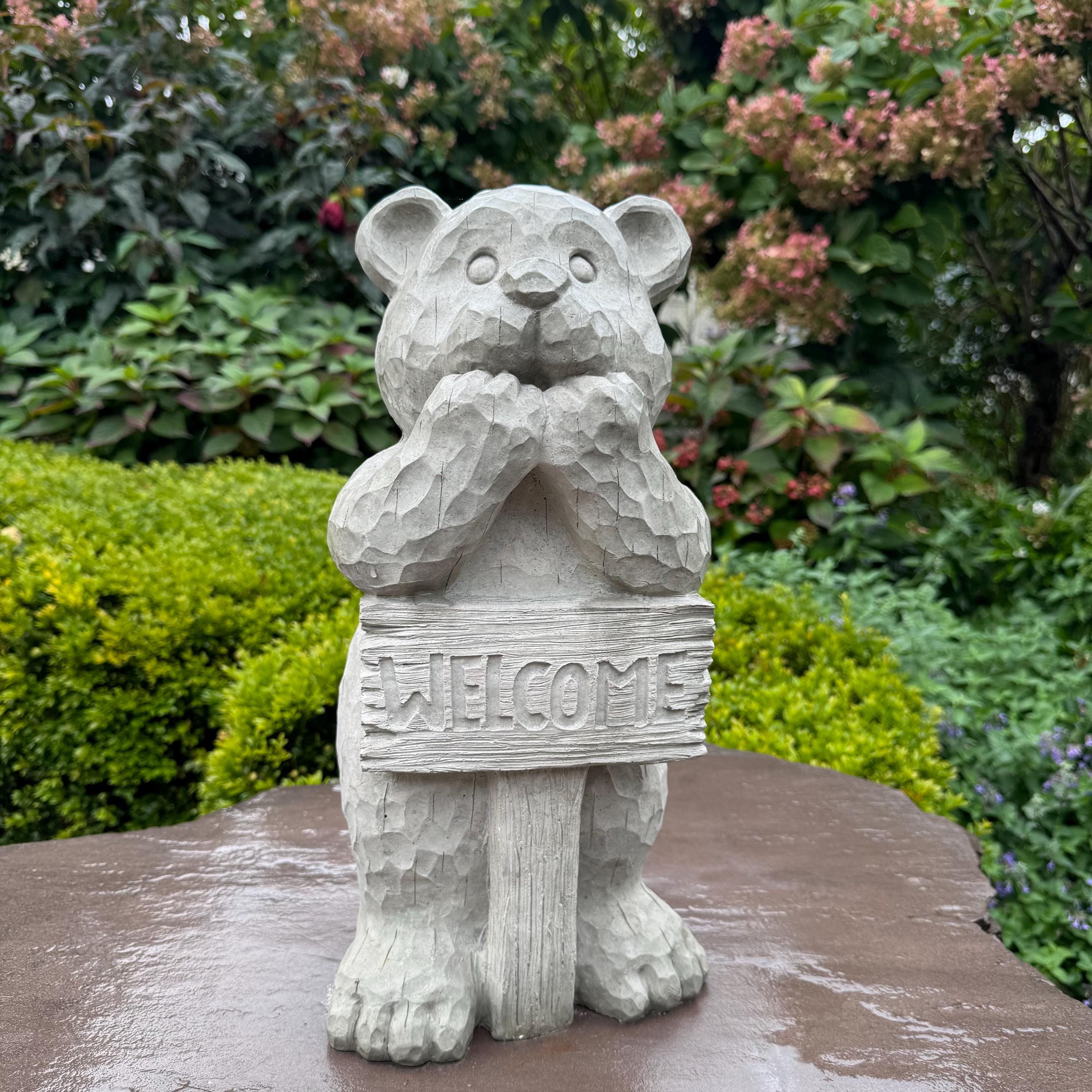 Concrete Bear Garden Statue with Welcome Sign - 17" Outdoor Decor