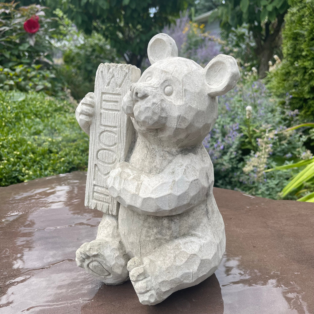Concrete Garden Bear Statue with Welcome Sign 12 Inch Sitting Sculpture Yard Decor Lawn Ornament Animal Art Gift