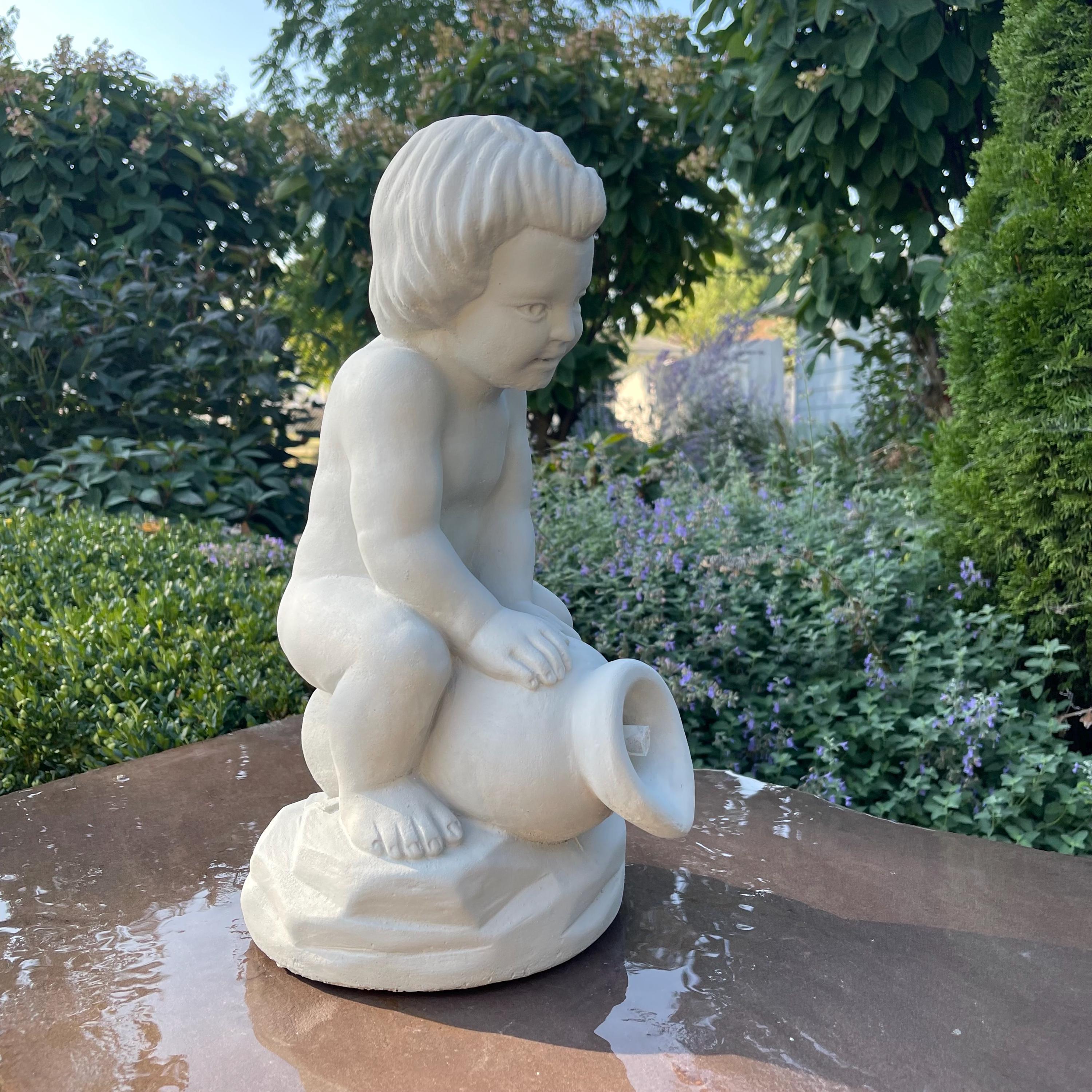 Concrete Boy on Jar Fountain Spitter 15" Outdoor Garden Statue Pond Spout Water Featureq