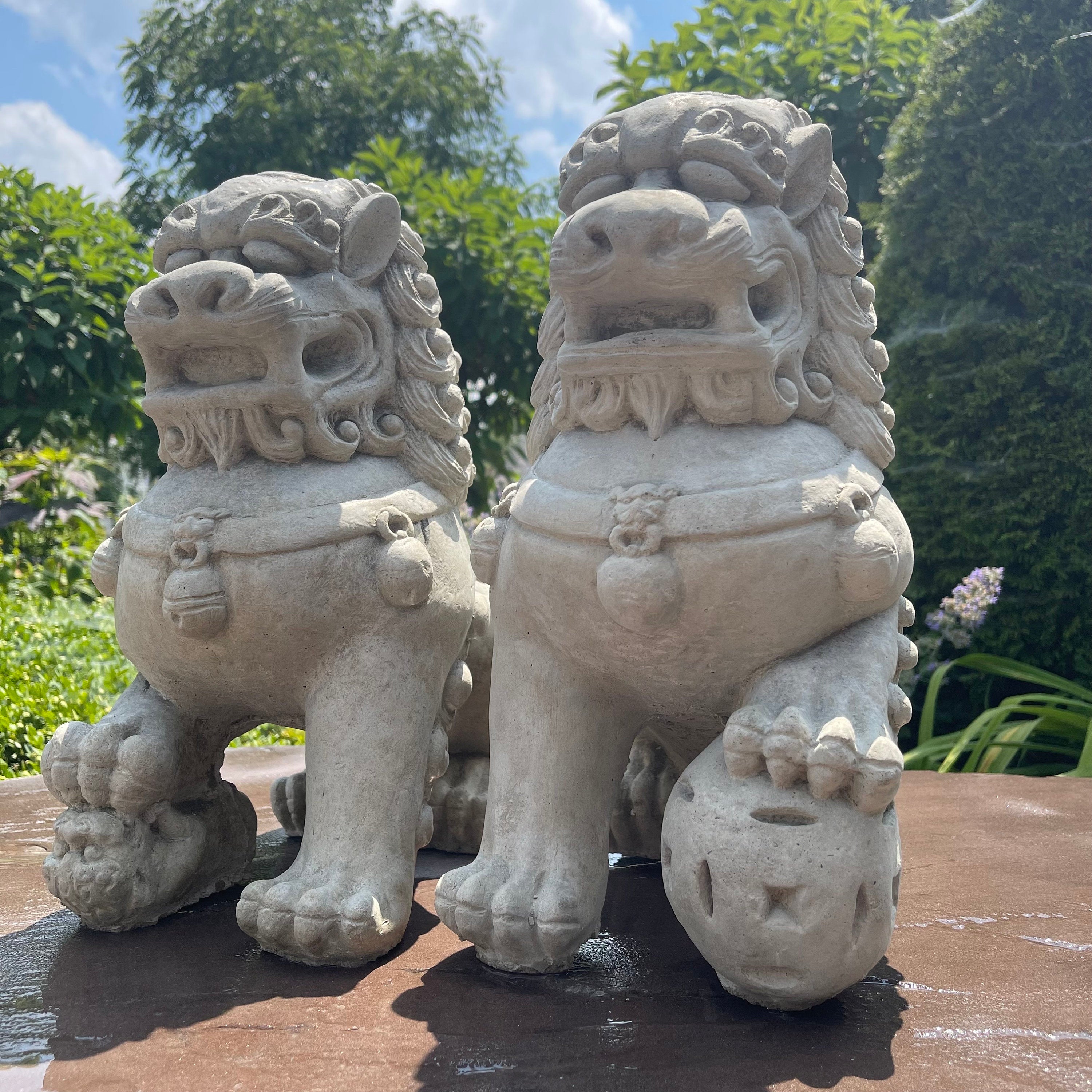 Concrete Foo Dog Statue Pair 14" Male Female Feng Shui Garden Guardians Outdoor Yard Protection Decor
