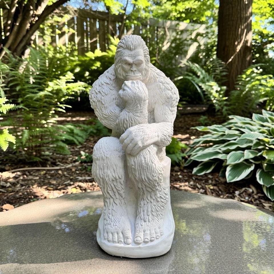 Concrete Bigfoot Statue: 12" Sitting Yeti Garden Sculpture in Thinker Pose, Outdoor Decor