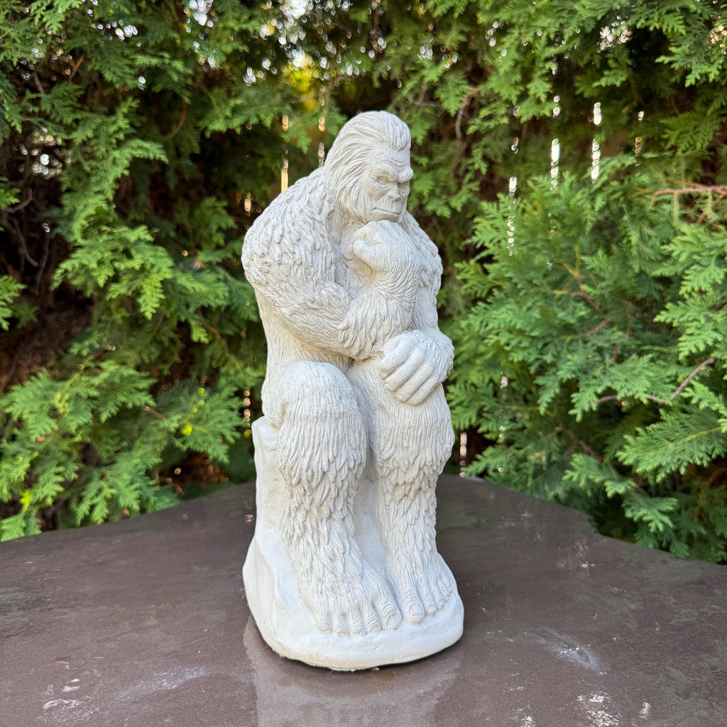 Concrete Bigfoot Statue: 12" Sitting Yeti Garden Sculpture in Thinker Pose, Outdoor Decor