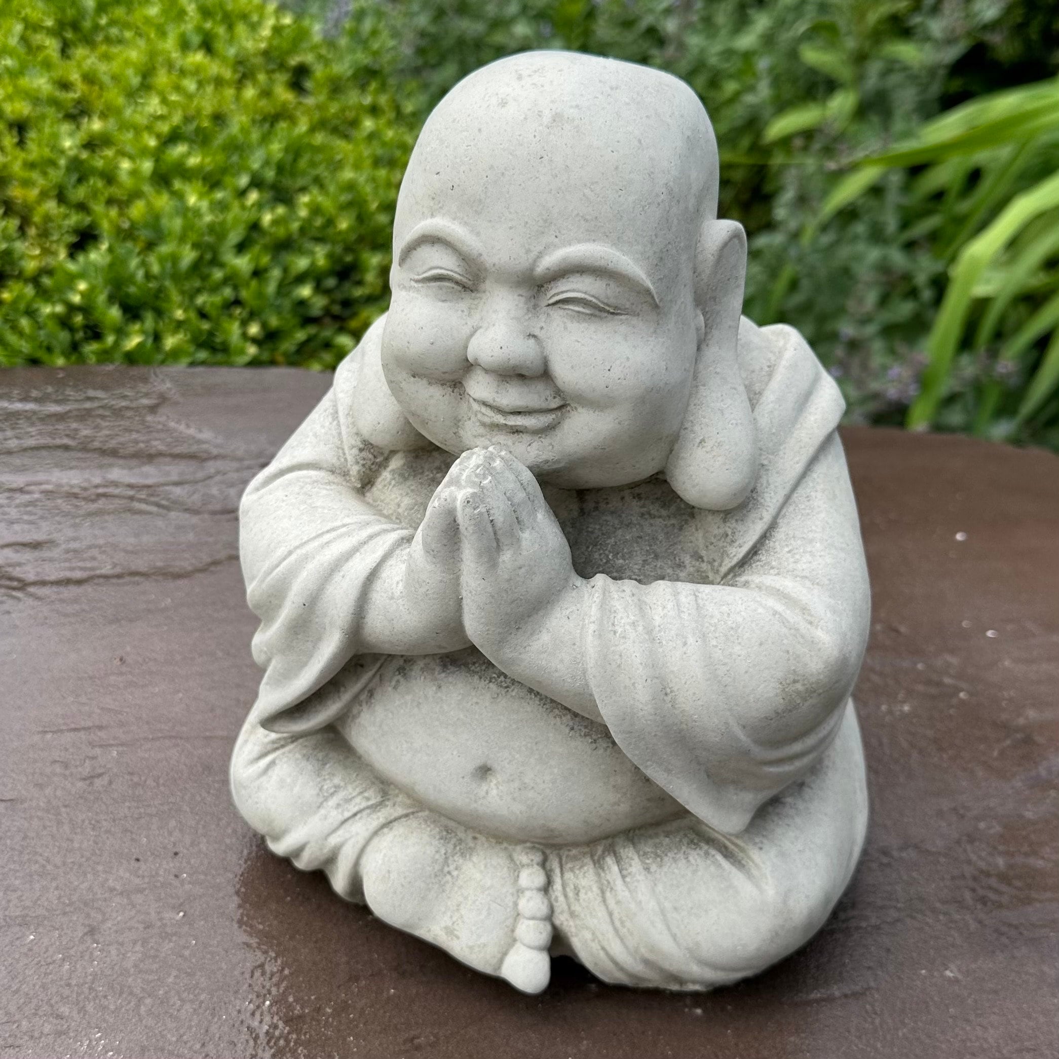 10 Inch Concrete Sitting Buddha Statue - Happy Praying Garden Sculpture for Outdoor Zen Space Meditation Decor