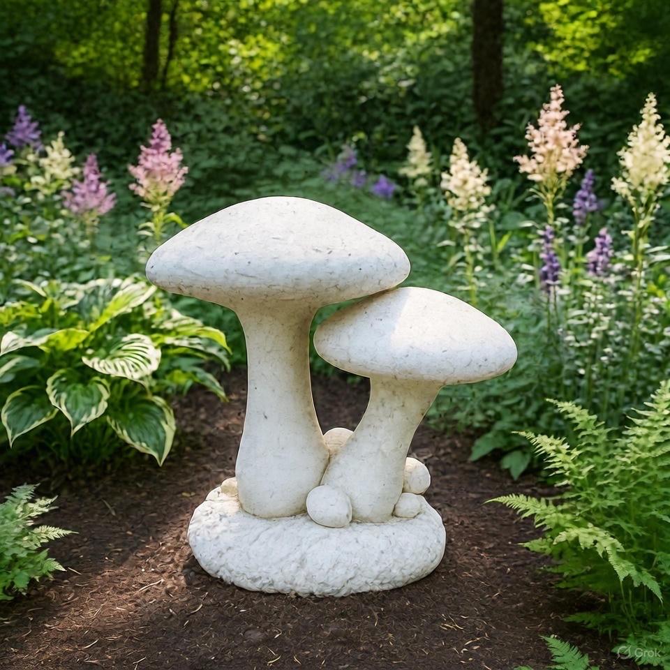 Large Concrete Mushroom Statue: 16 Inch Double Garden Sculpture for Outdoor Yard Decor - Fungus Art Ornament