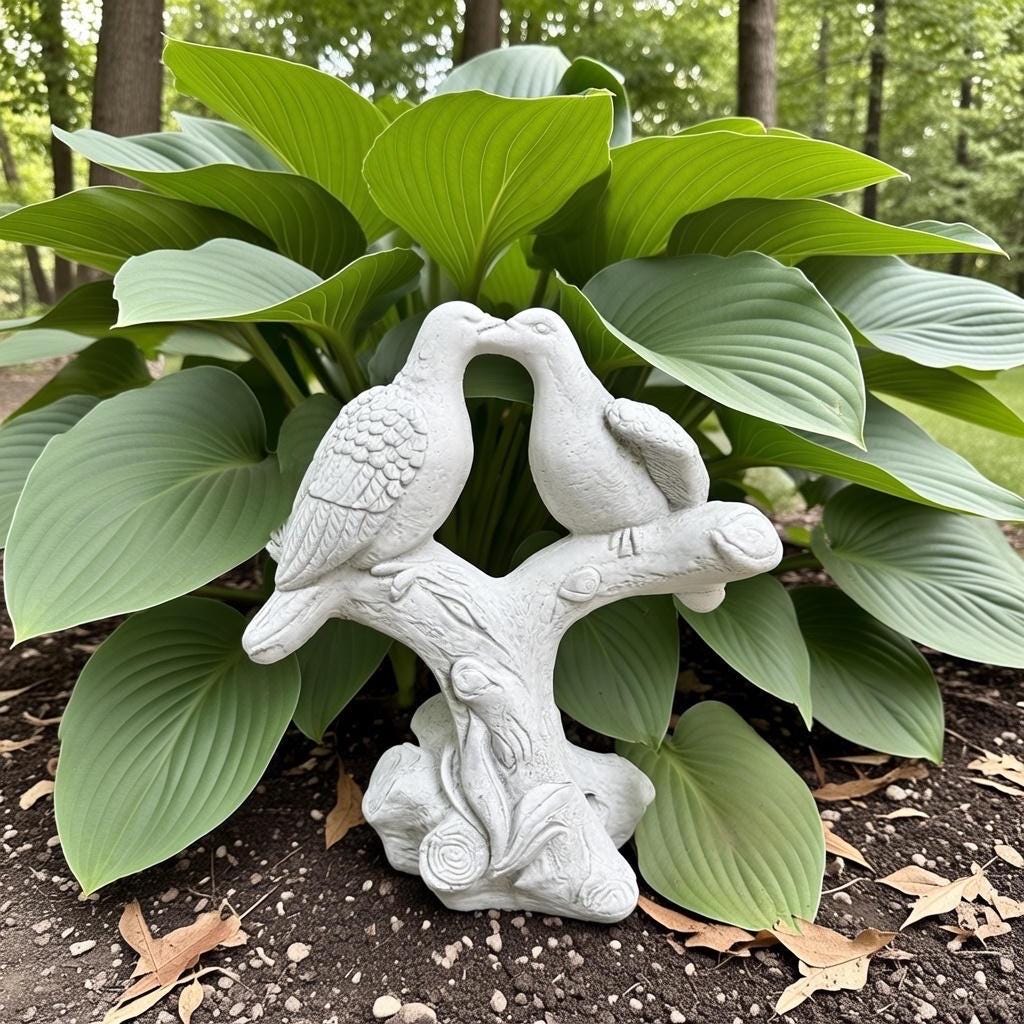 Whimsical Kissing Doves 15" Concrete Garden Statue - Painted Bird Art Outdoor Valentine's Day Gift
