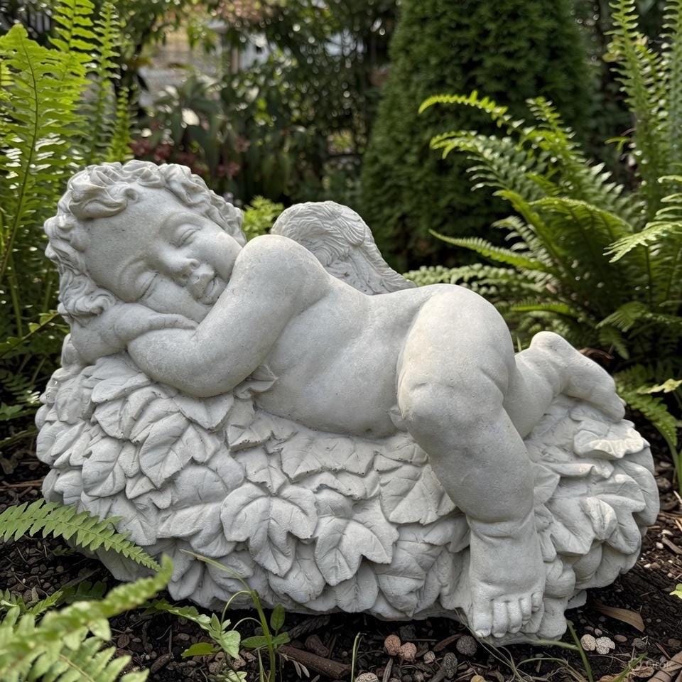 Large Concrete Sleeping Angel Statue on Leaves 17 inch Garden Sculpture Outdoor Memorial Yard Decor