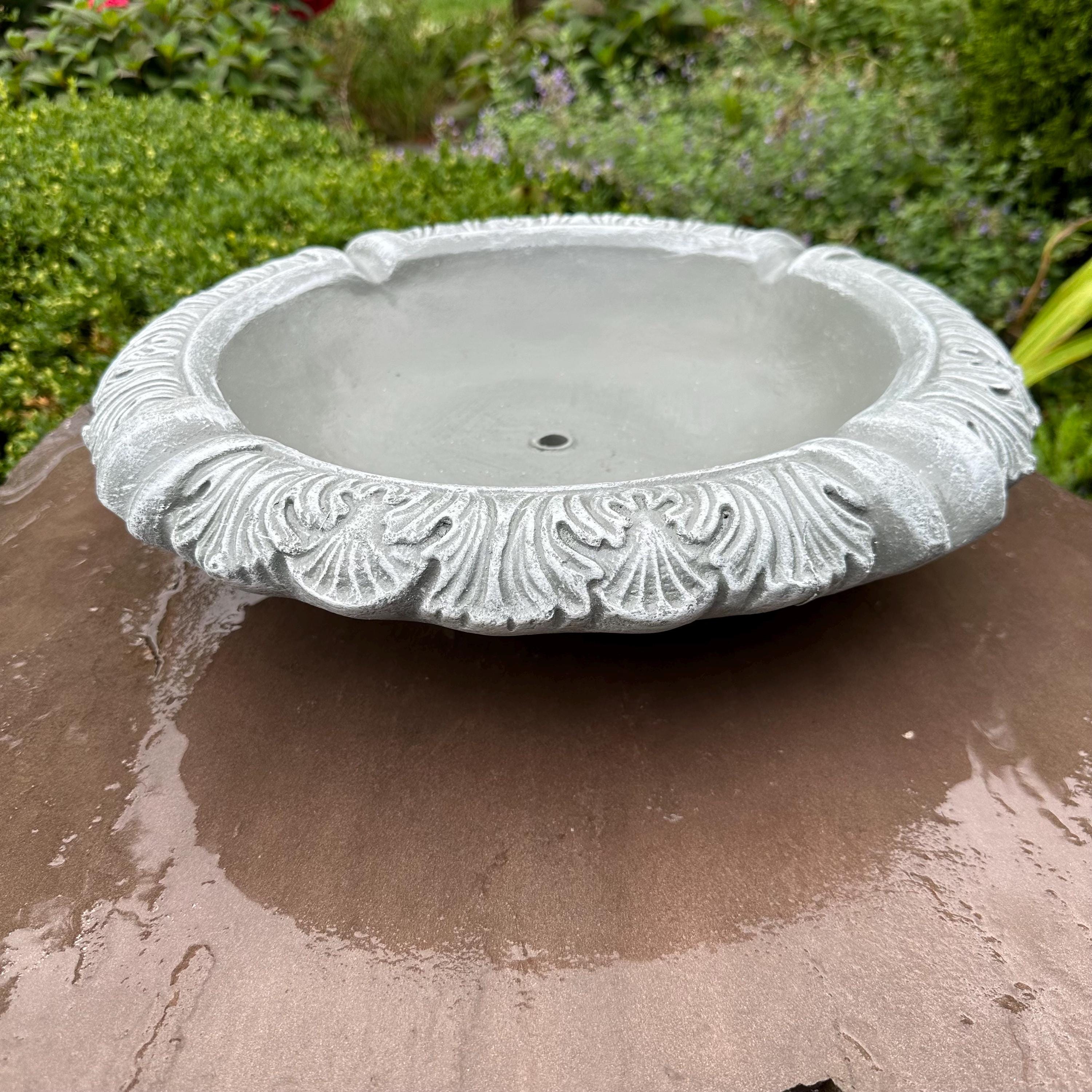 Concrete Fountain Bowl Top: 19" Leafy Garden Water Feature, Painted Cement Topper