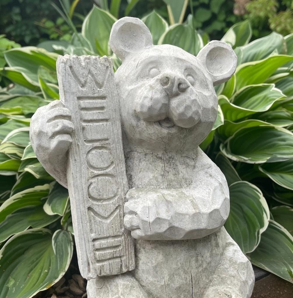 Concrete Garden Bear Statue with Welcome Sign 12 Inch Sitting Sculpture Yard Decor Lawn Ornament Animal Art Gift