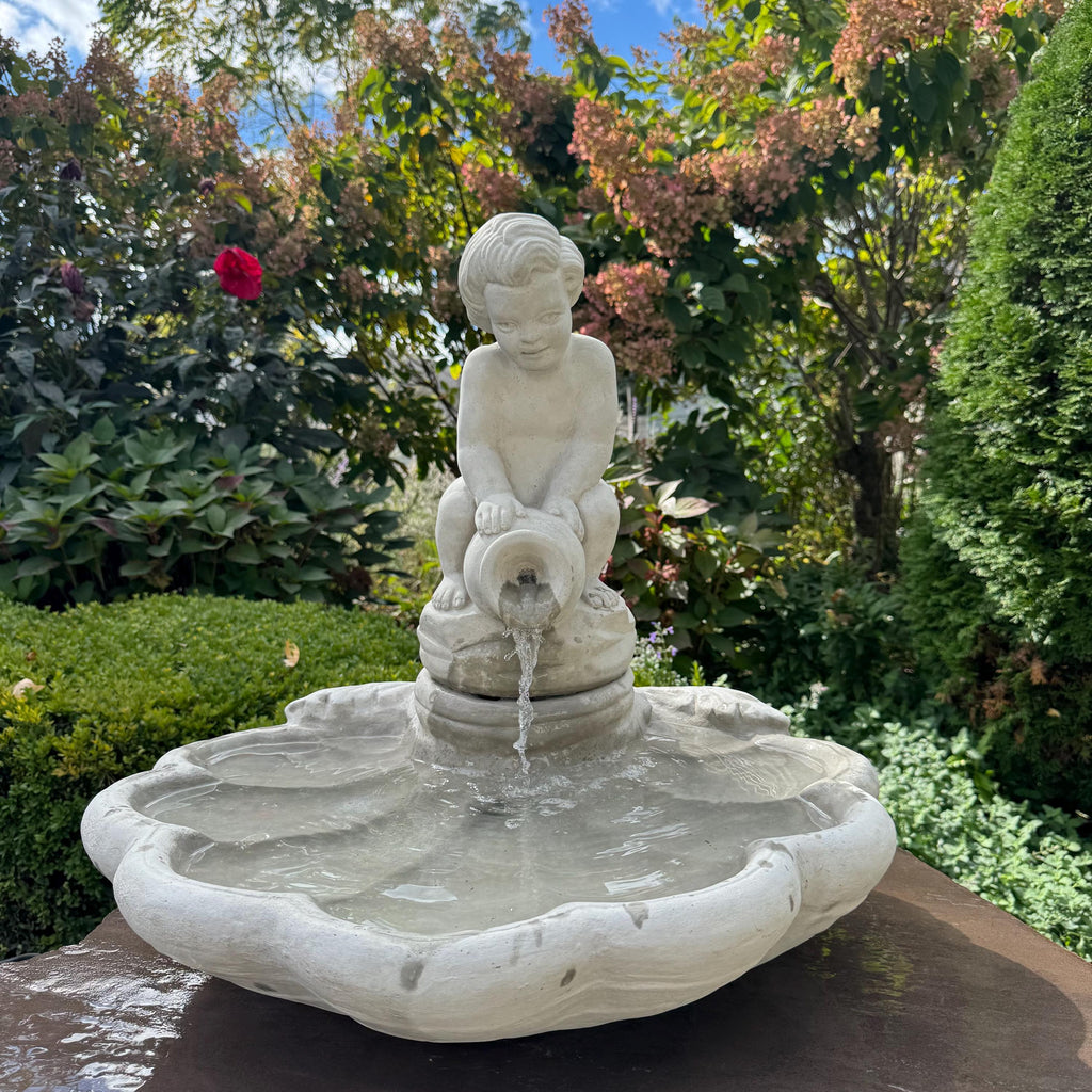 23" Concrete Shell Bowl Fountain Boy Jar Statue Outdoor Garden Water Feature