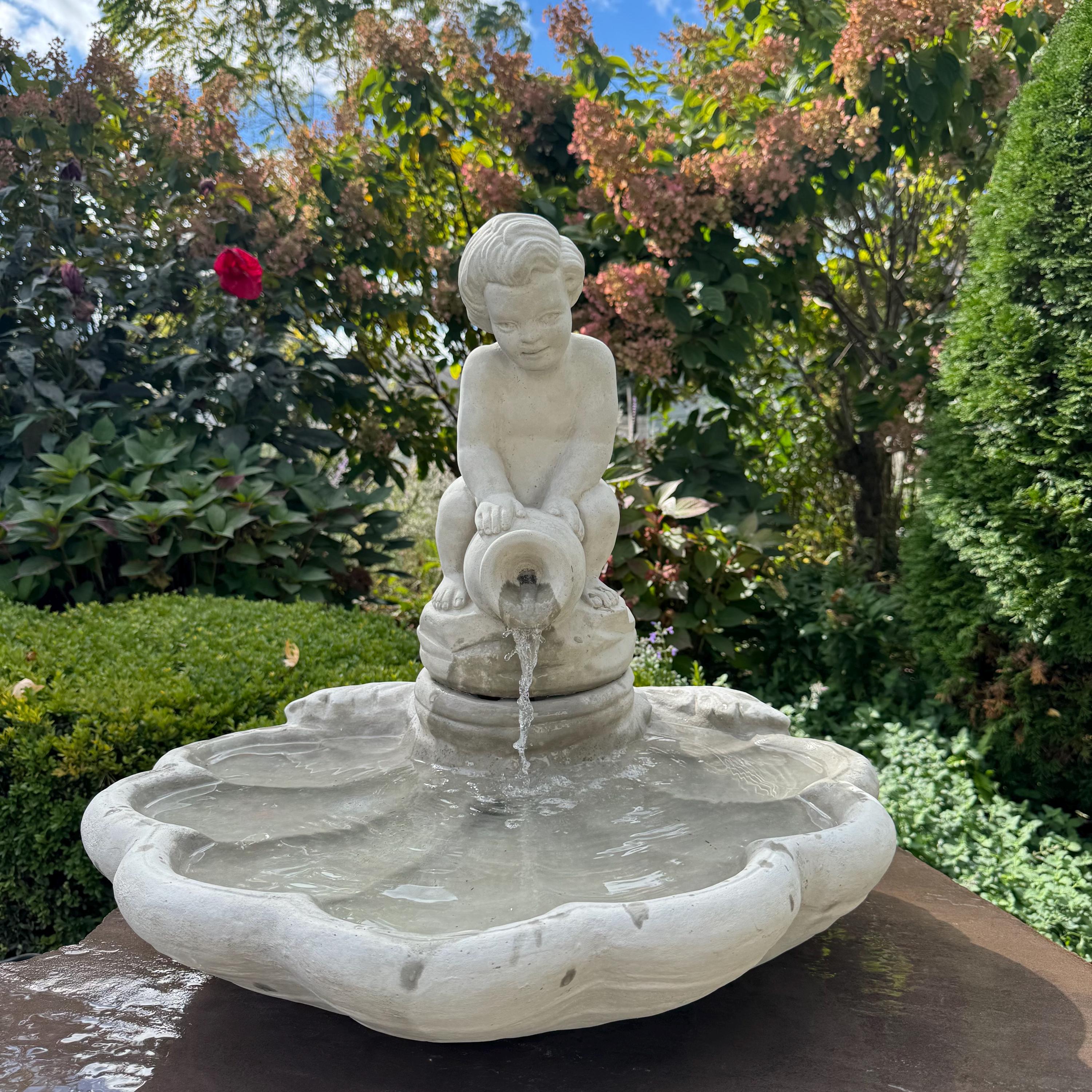23" Concrete Shell Bowl Fountain Boy Jar Statue Outdoor Garden Water Feature