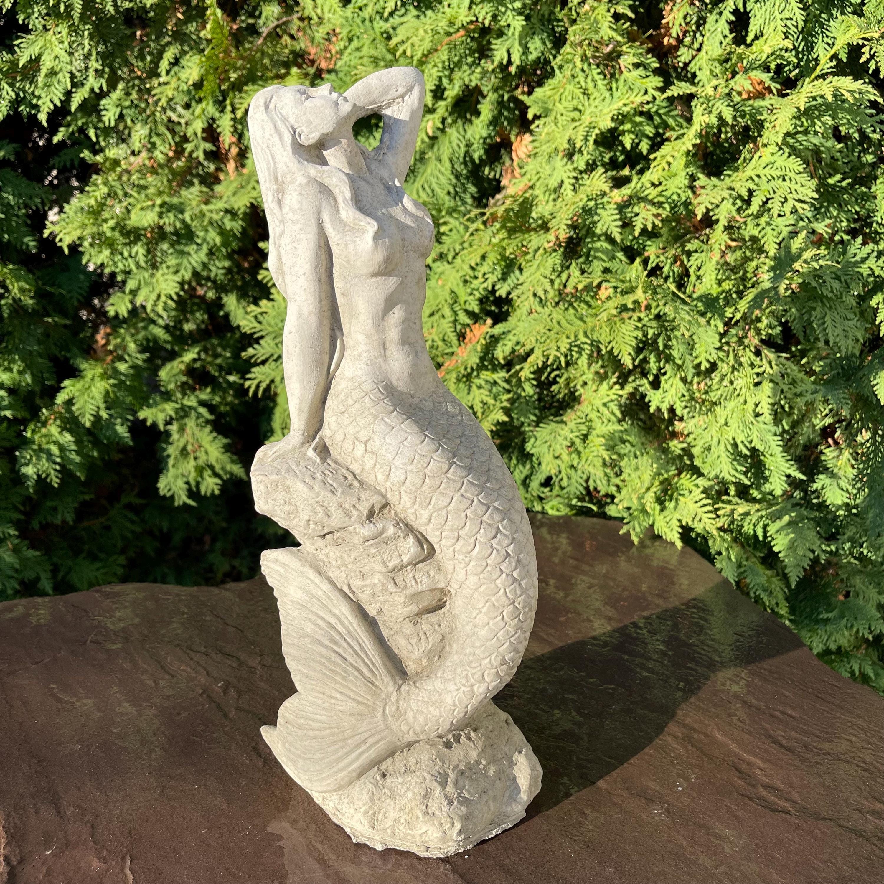 15 inch Concrete Mermaid Sculpture: Coastal Garden Statue Decor Ocean Themed Yard Art Lawn Ornament Gift