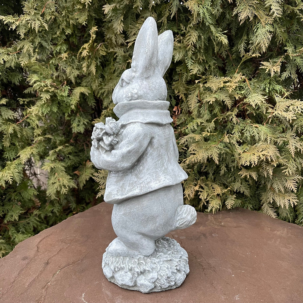 Large Concrete Rabbit Statue 16 Inch Modern Garden Bunny Sculpture with Flowers Yard Art Lawn Ornament