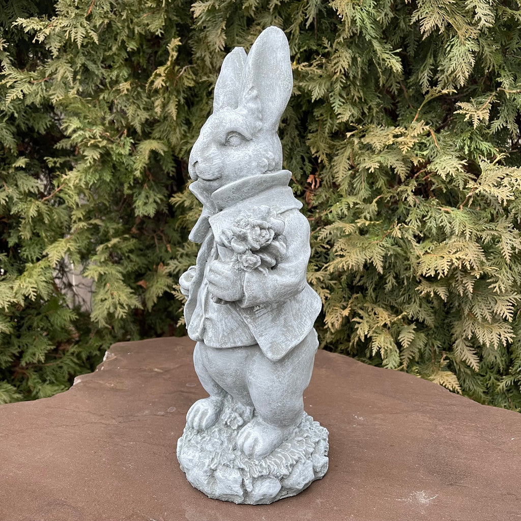 Large Concrete Rabbit Statue 16 Inch Modern Garden Bunny Sculpture with Flowers Yard Art Lawn Ornament