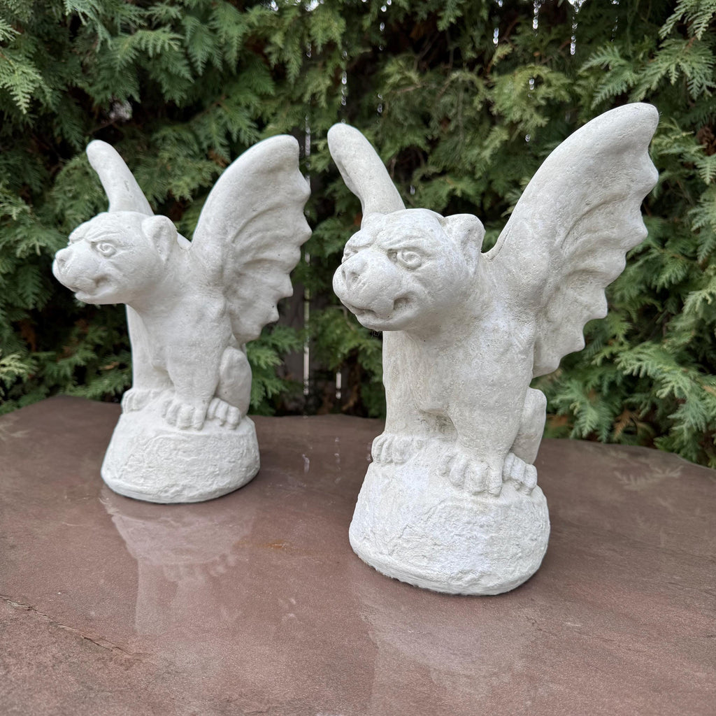Gothic Gargoyle Garden Statue Pair 13" Concrete Halloween Yard Decor Winged Sculpture Ornament Gift