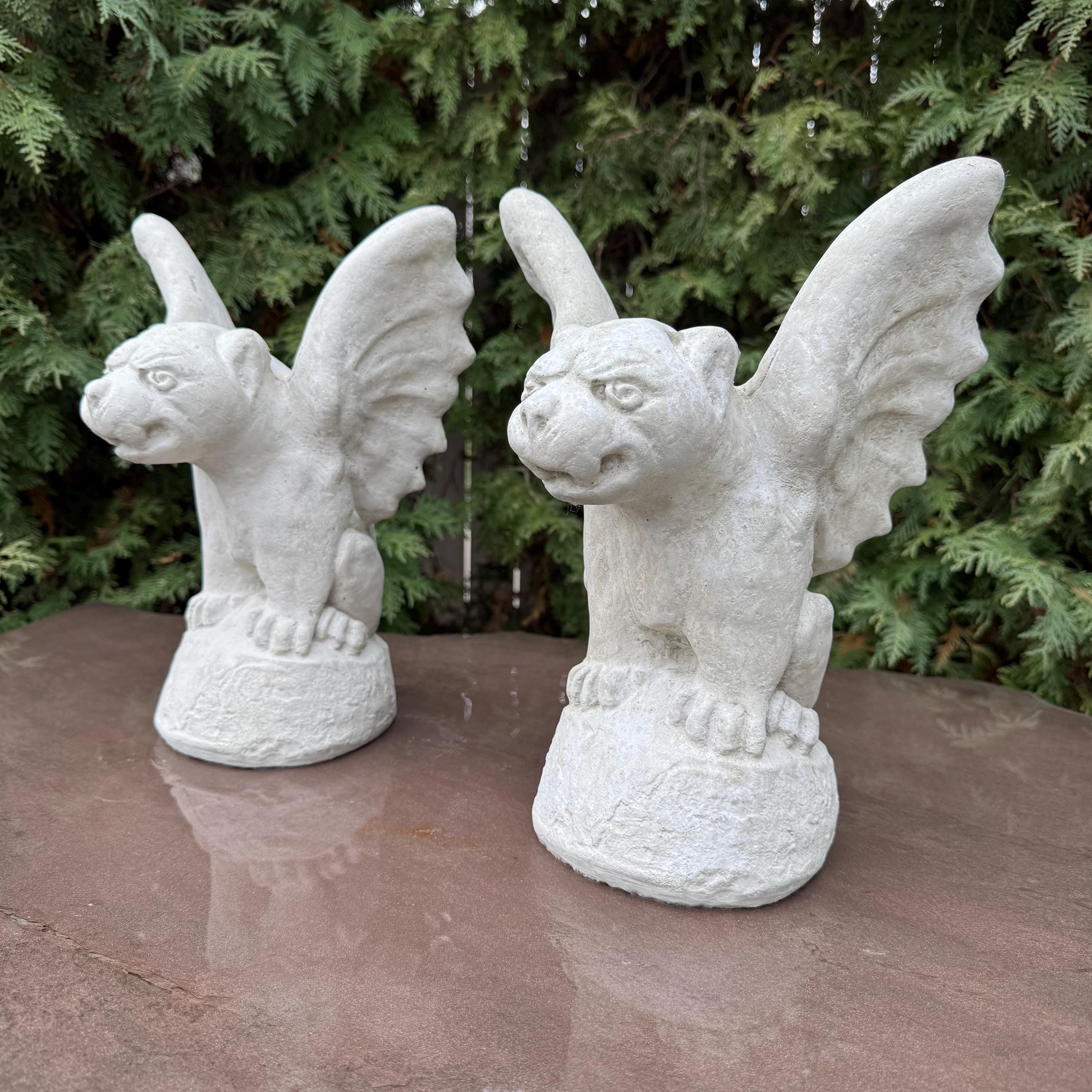 Gothic Gargoyle Garden Statue Pair 13" Concrete Halloween Yard Decor Winged Sculpture Ornament Gift