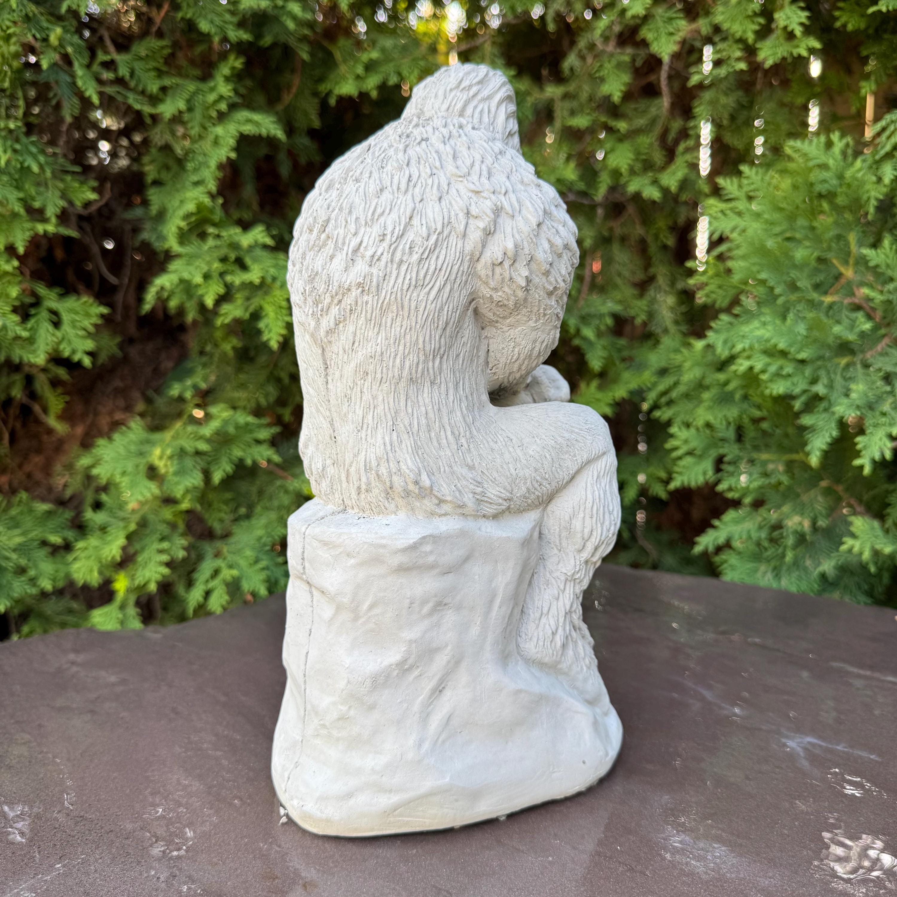 Concrete Bigfoot Statue: 12" Sitting Yeti Garden Sculpture in Thinker Pose, Outdoor Decor