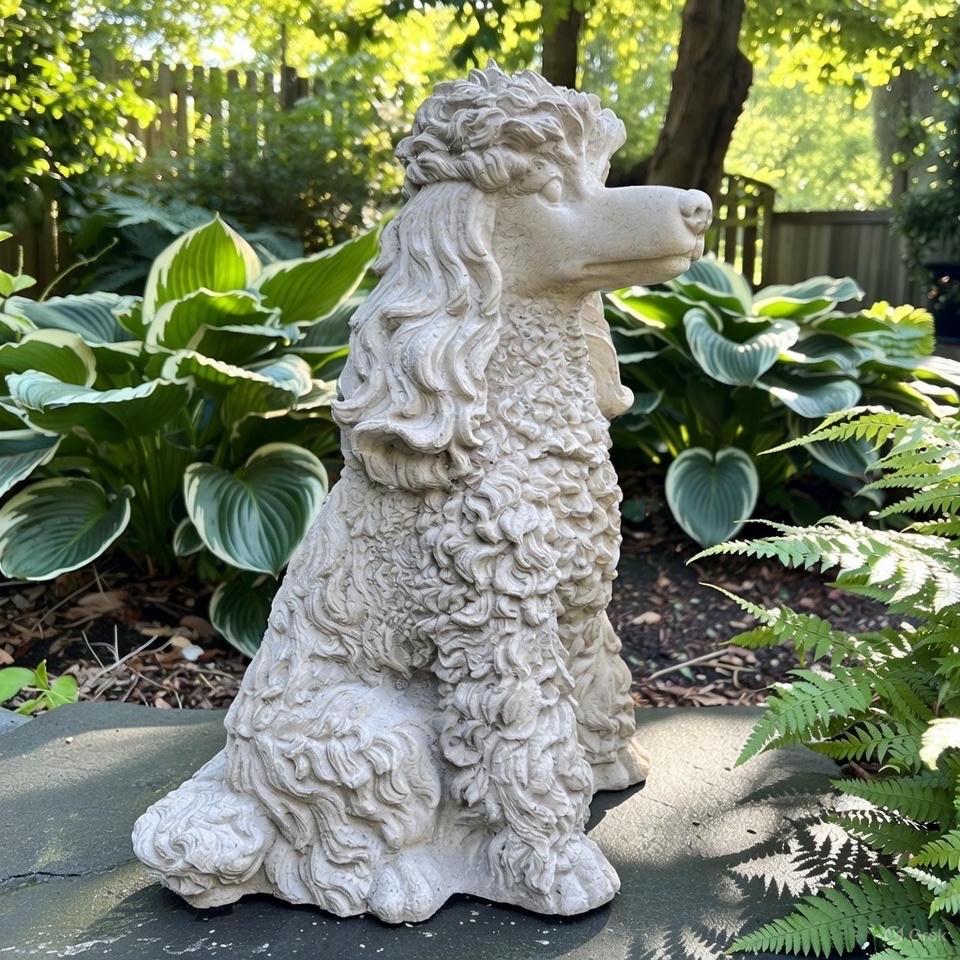 Concrete Poodle Garden Statue 14 Inch Outdoor Dog Sculpture Yard Decor Memorial Pet Art Lawn Ornament Gift