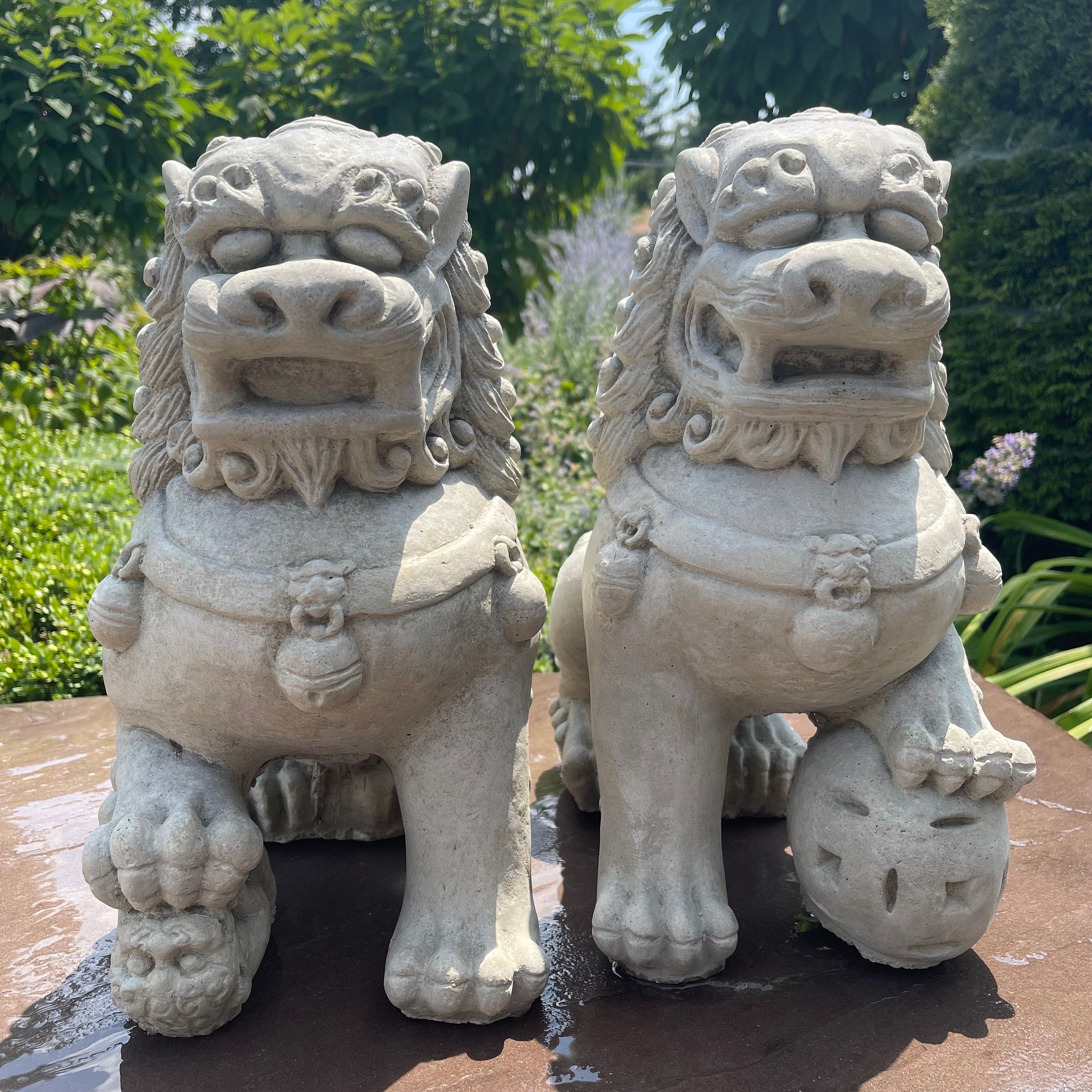 Concrete Foo Dog Statue Pair 14" Male Female Feng Shui Garden Guardians Outdoor Yard Protection Decor