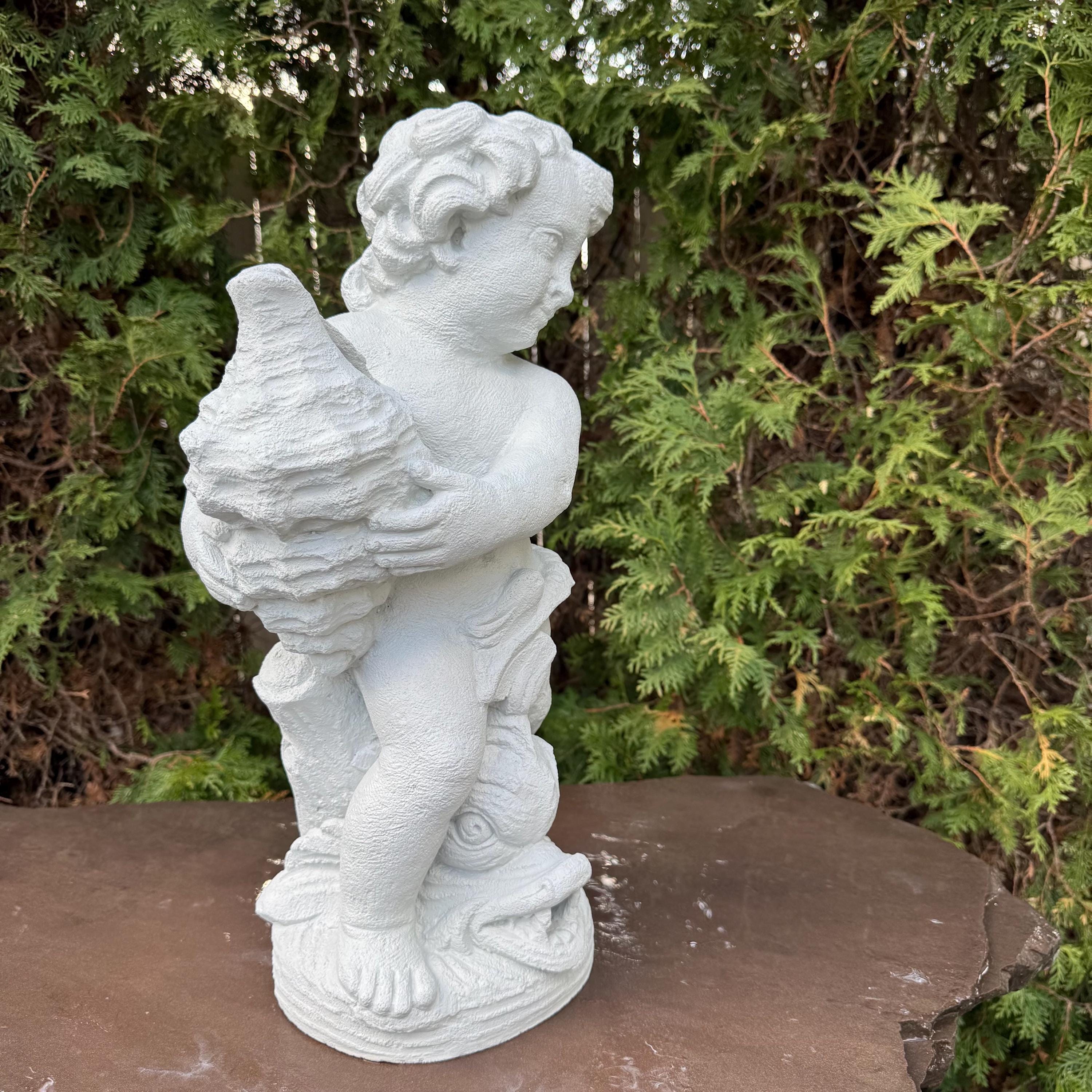 20" Concrete Boy Nautilus Fountain Top Outdoor Garden Pond Statue Water Spitter Topper