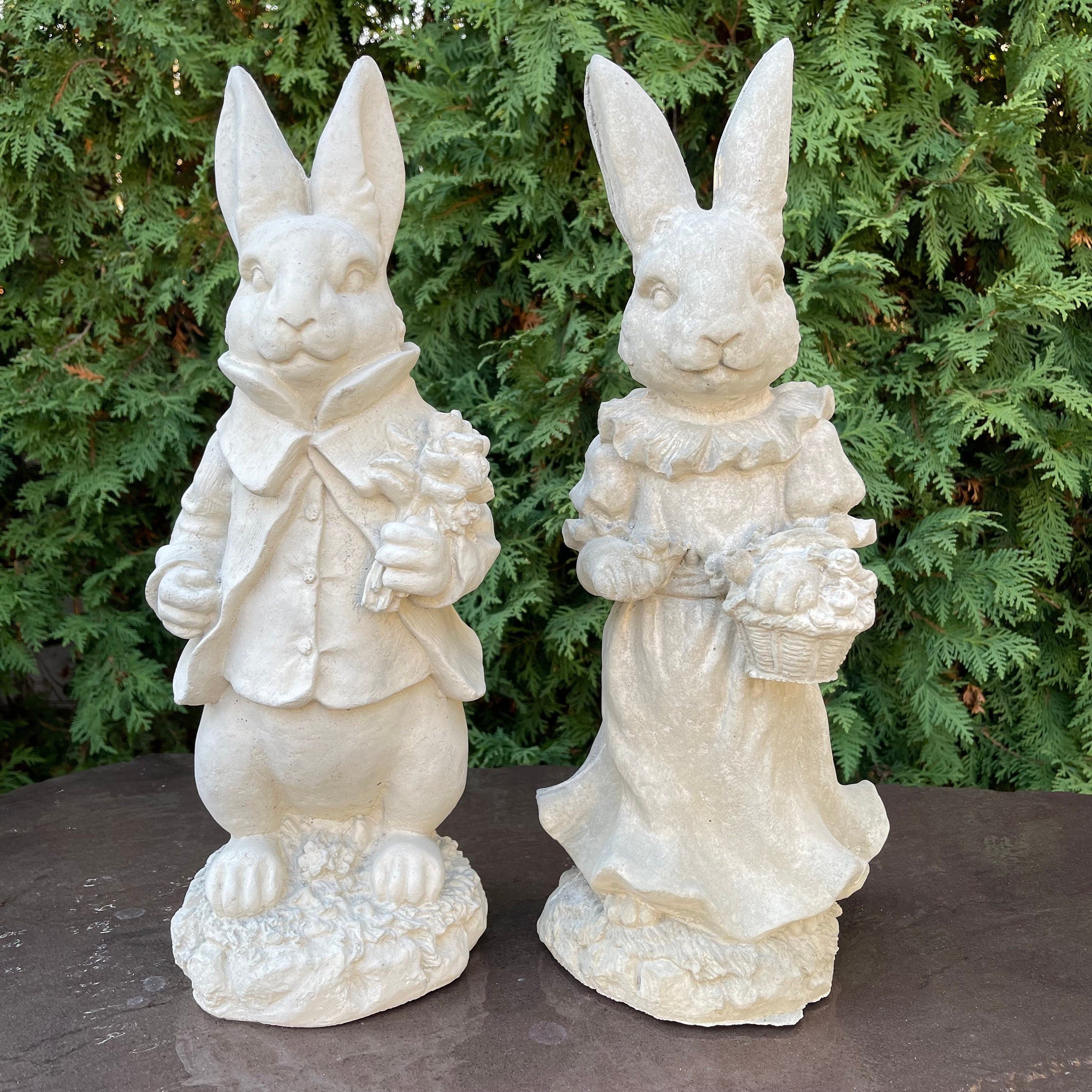 Large Lily Bobtail & Peter Rabbit Garden Statue Set 17" Beatrix Potter Outdoor Sculptures Cement Yard Decor