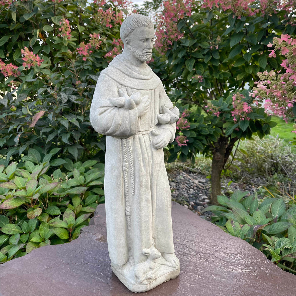 24 Inch Concrete Saint Francis Statue with Birds Catholic Garden Religious Sculpture Yard Decor Lawn Ornament Gift