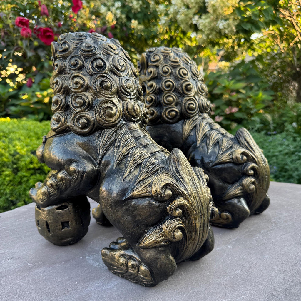 Concrete Foo Dog Statue Pair 14" Male Female Feng Shui Outdoor Garden Guardians Chinese Lion Sculptures Yard Decor