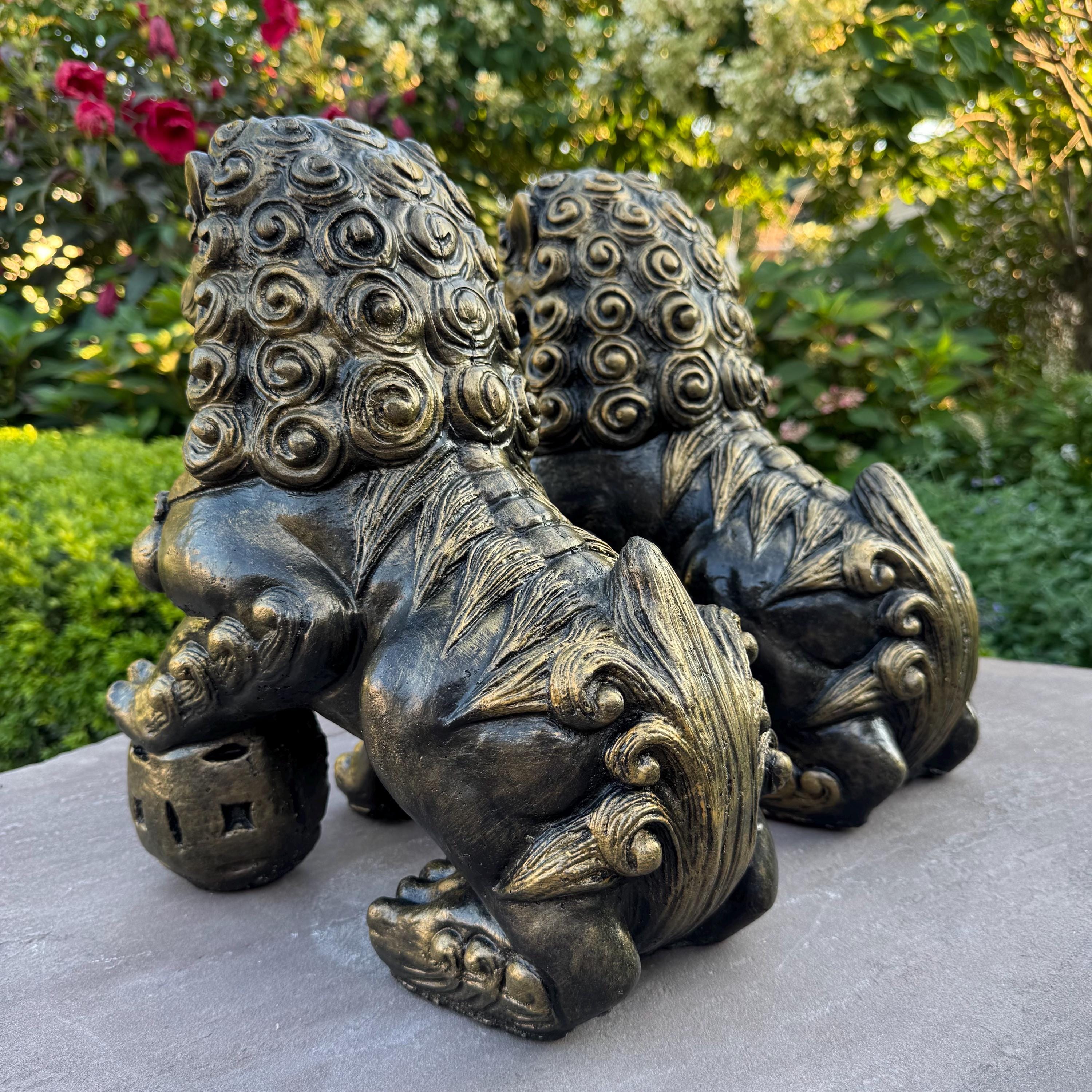 Concrete Foo Dog Statue Pair 14" Male Female Feng Shui Outdoor Garden Guardians Chinese Lion Sculptures Yard Decor