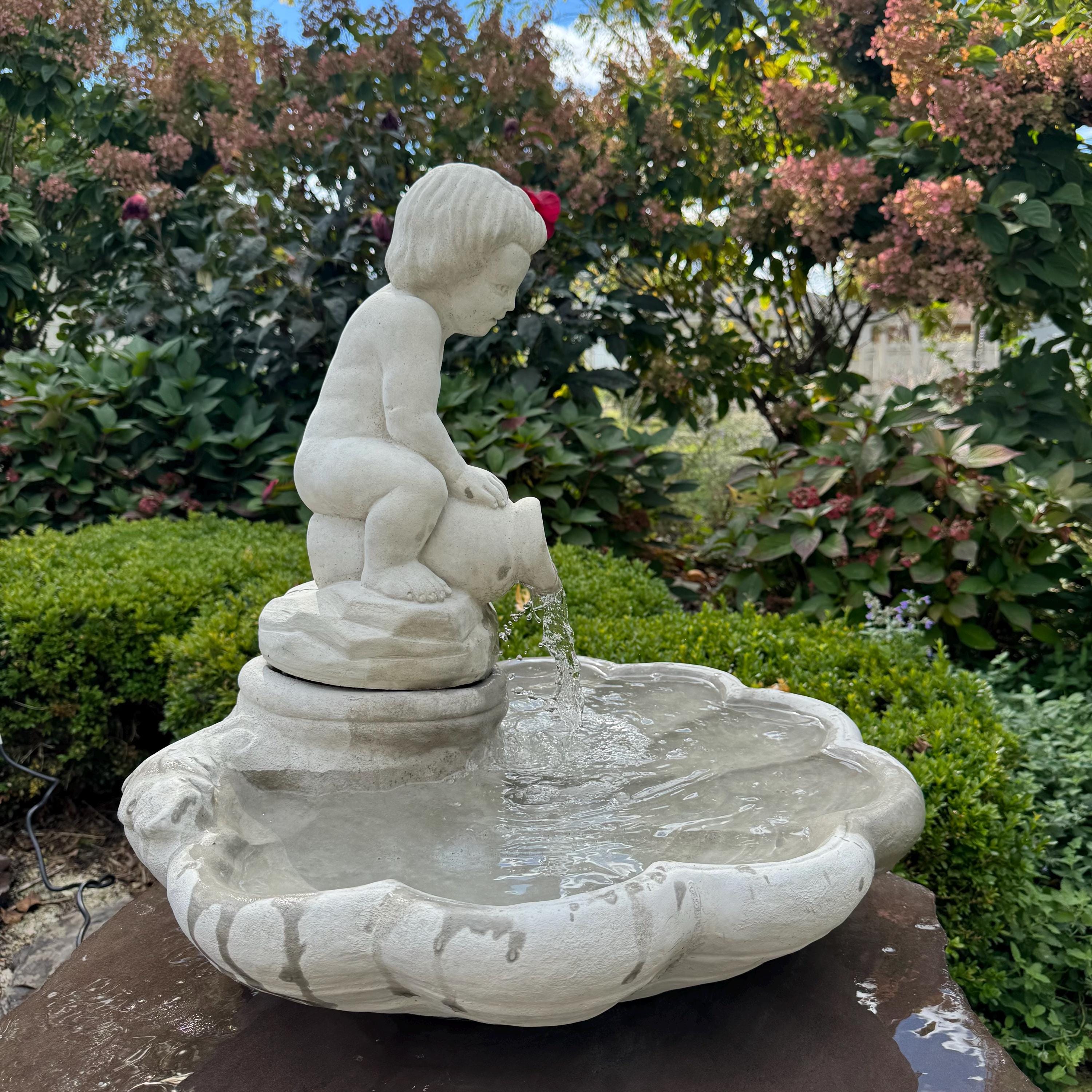23" Concrete Shell Bowl Fountain Boy Jar Statue Outdoor Garden Water Feature